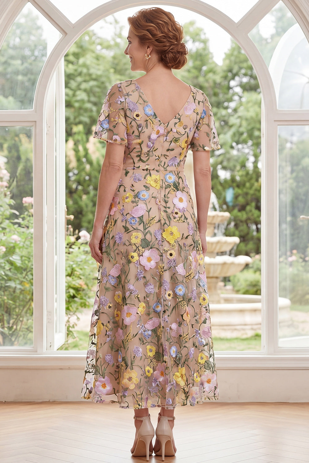 Champagne Tulle A-Line V-Neck Embroidered Midi Mother Of the Bride Dress