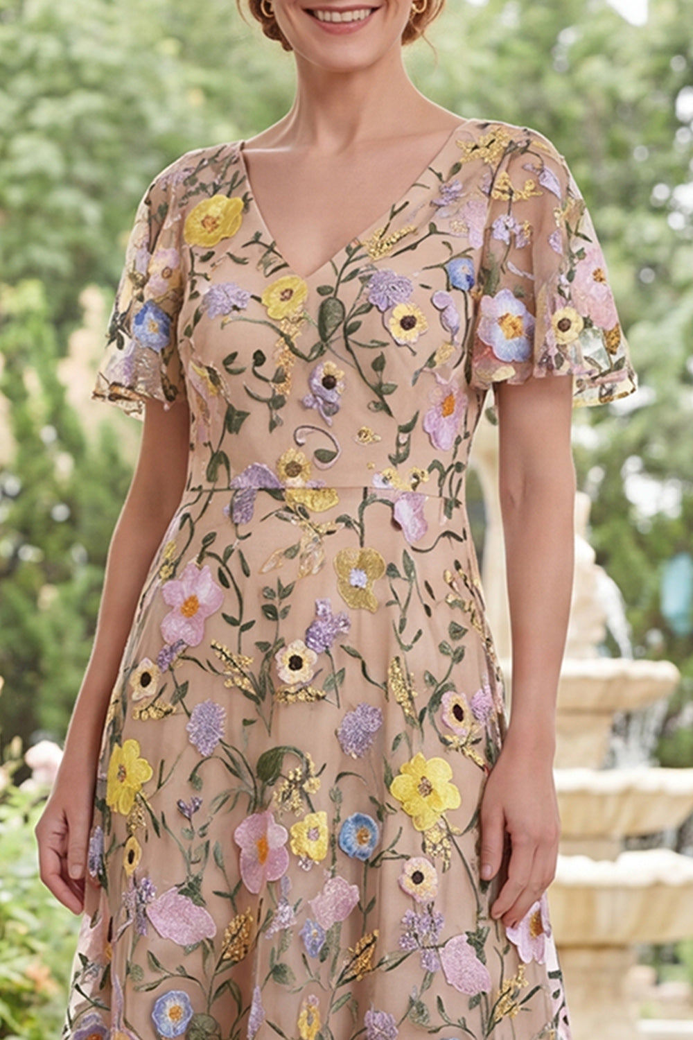 Champagne Tulle A-Line V-Neck Embroidered Midi Mother Of the Bride Dress