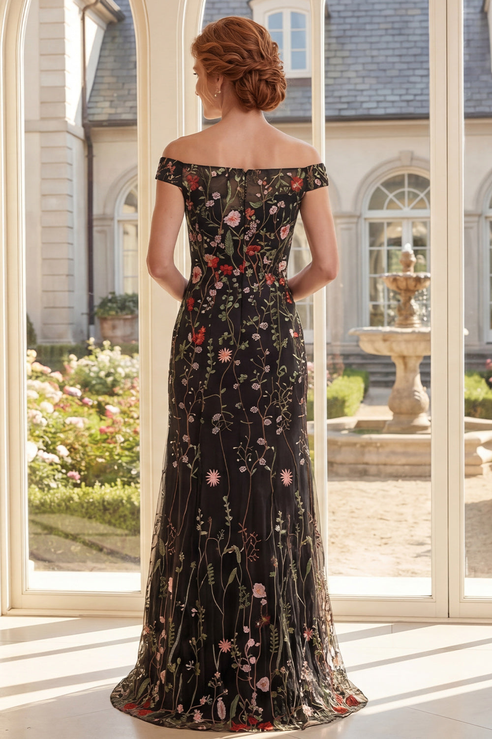 Off the Shoulder Black Tulle Floral Embroidered Long Mother Of the Bride Dress