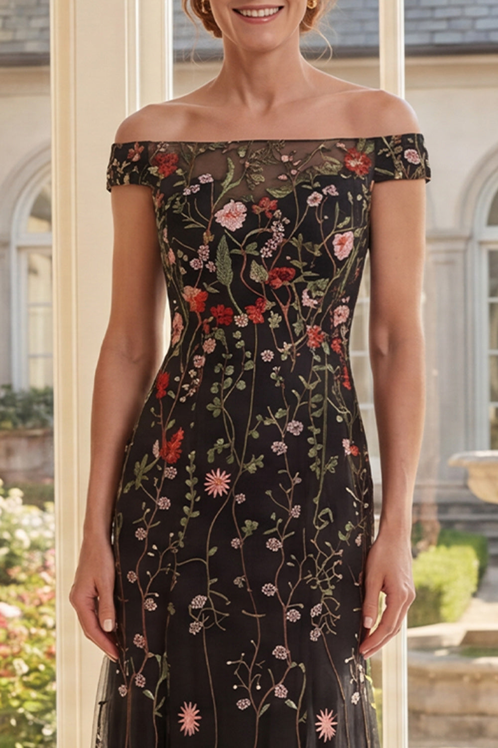 Off the Shoulder Black Tulle Floral Embroidered Long Mother Of the Bride Dress