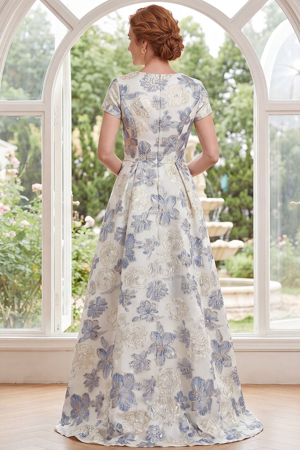 Dusty Blue Jacquard Round Neck Floral Long Mother Of the Bride Dress with Short Sleeves