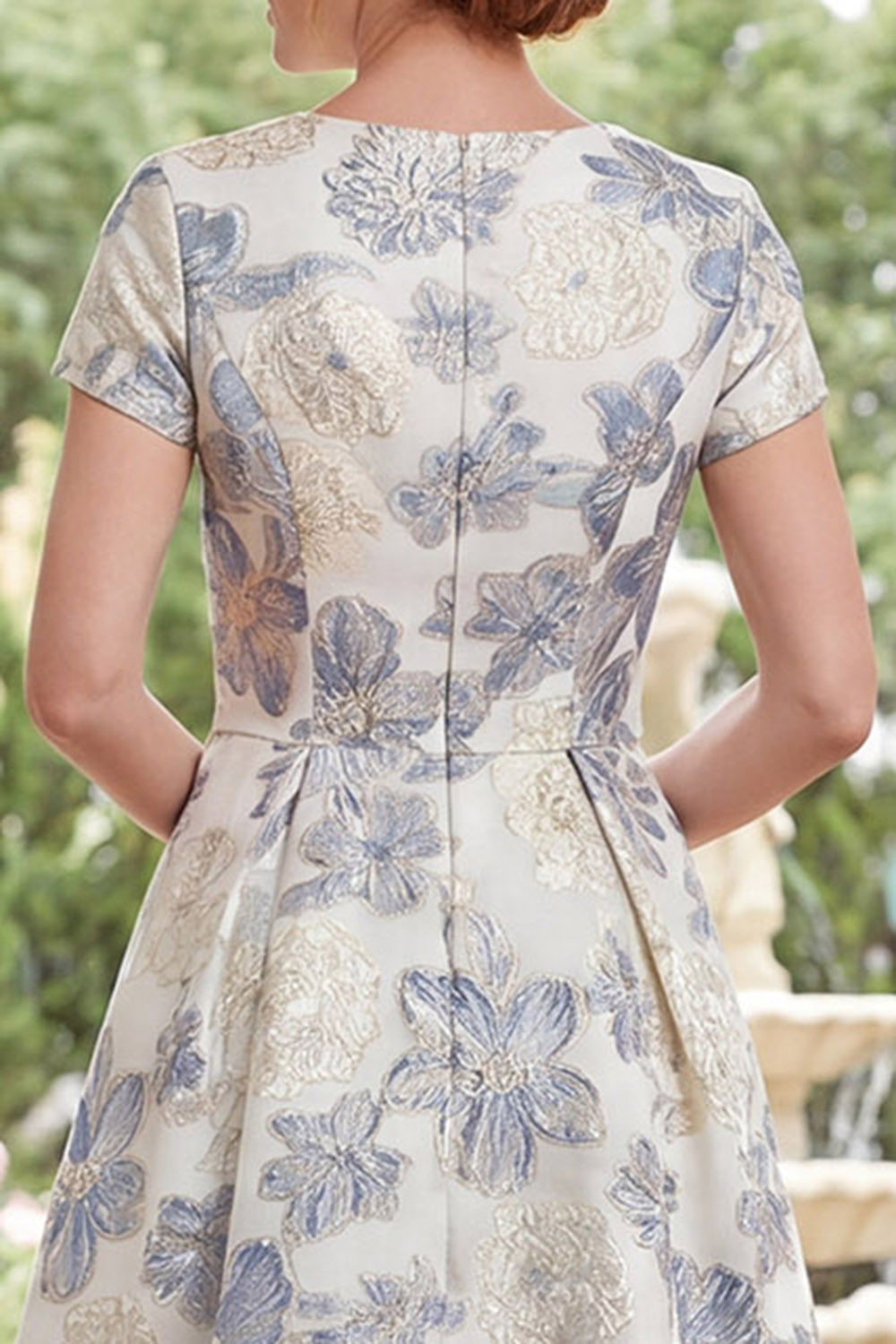 Dusty Blue Jacquard Round Neck Floral Long Mother Of the Bride Dress with Short Sleeves