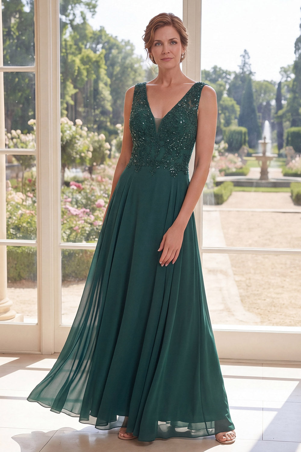 Dark Green V-Neck Chiffon Long Mother Of the Bride Dress with Beading