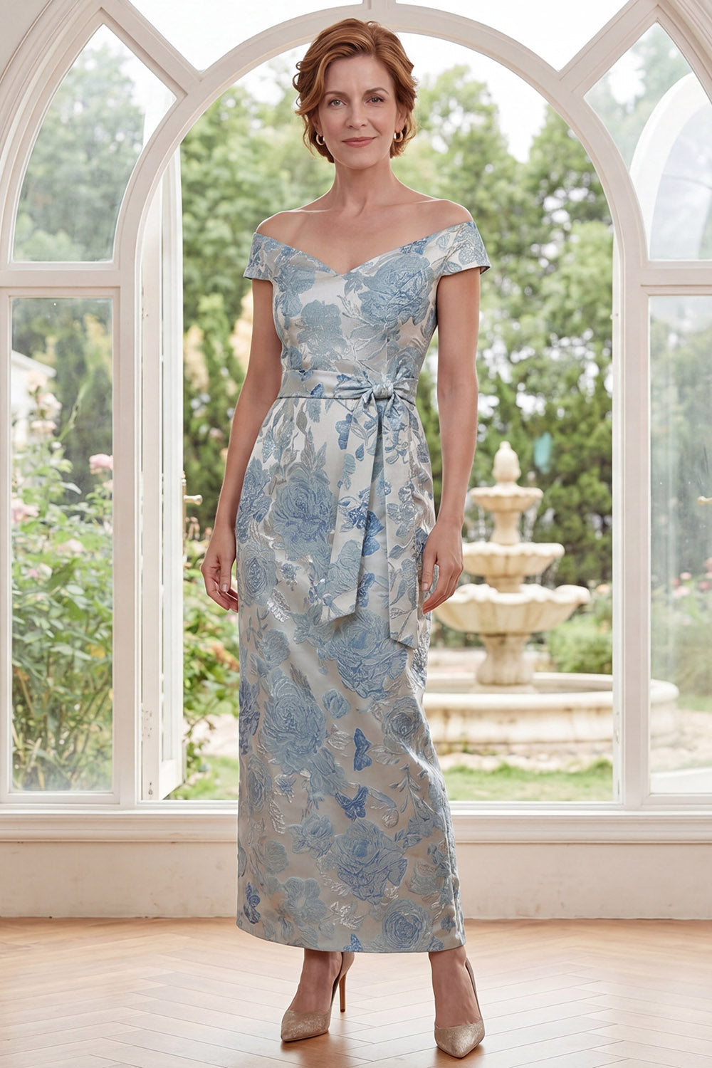 Blue Off-the-Shoulder Bodycon Jacquard Floral Long Mother of the Bride Dress with Belt