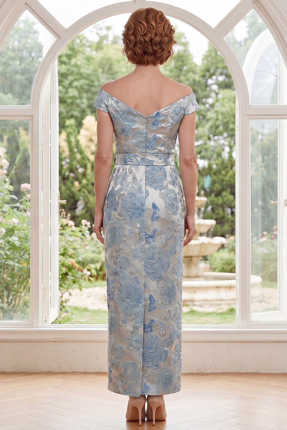 Blue Off-the-Shoulder Bodycon Jacquard Floral Long Mother of the Bride Dress with Belt