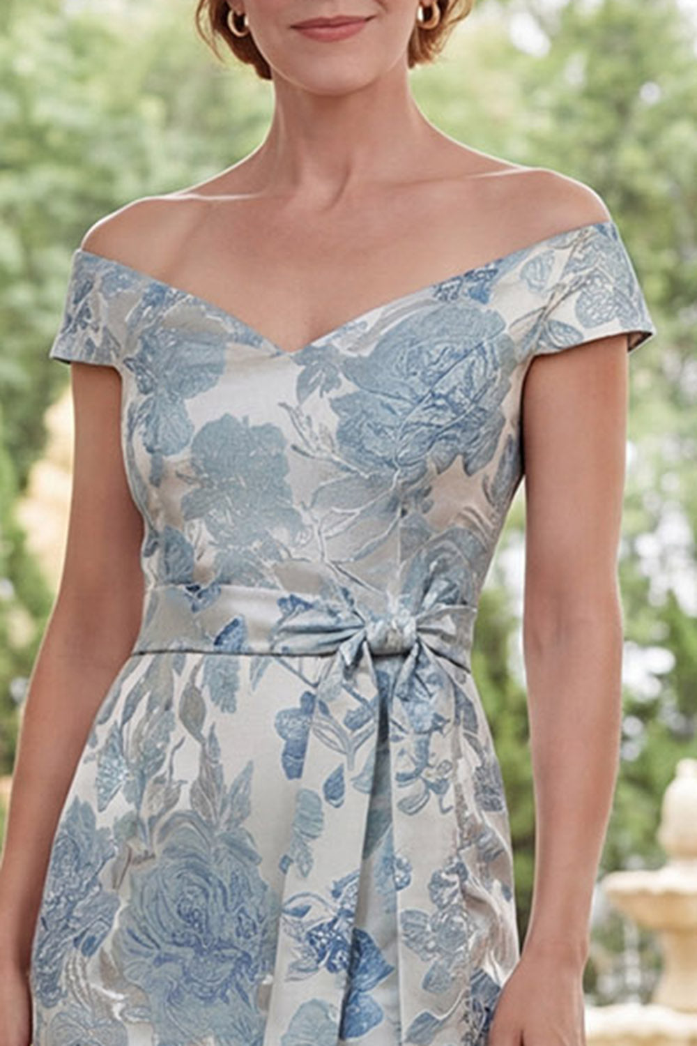 Blue Off-the-Shoulder Bodycon Jacquard Floral Long Mother of the Bride Dress with Belt
