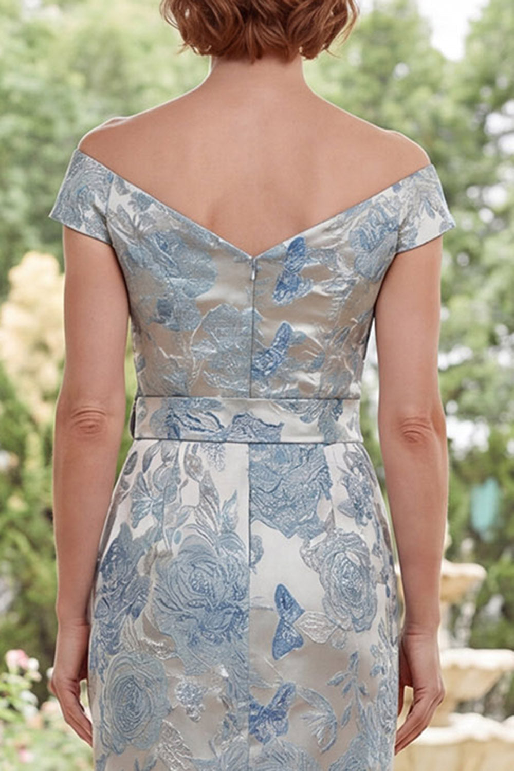Blue Off-the-Shoulder Bodycon Jacquard Floral Long Mother of the Bride Dress with Belt