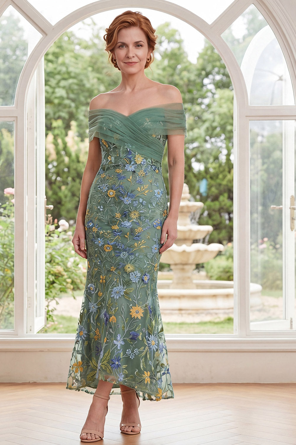 Mermaid Green Off-the-Shoulder Embroidered Floral Long Mother of the Bride Dress