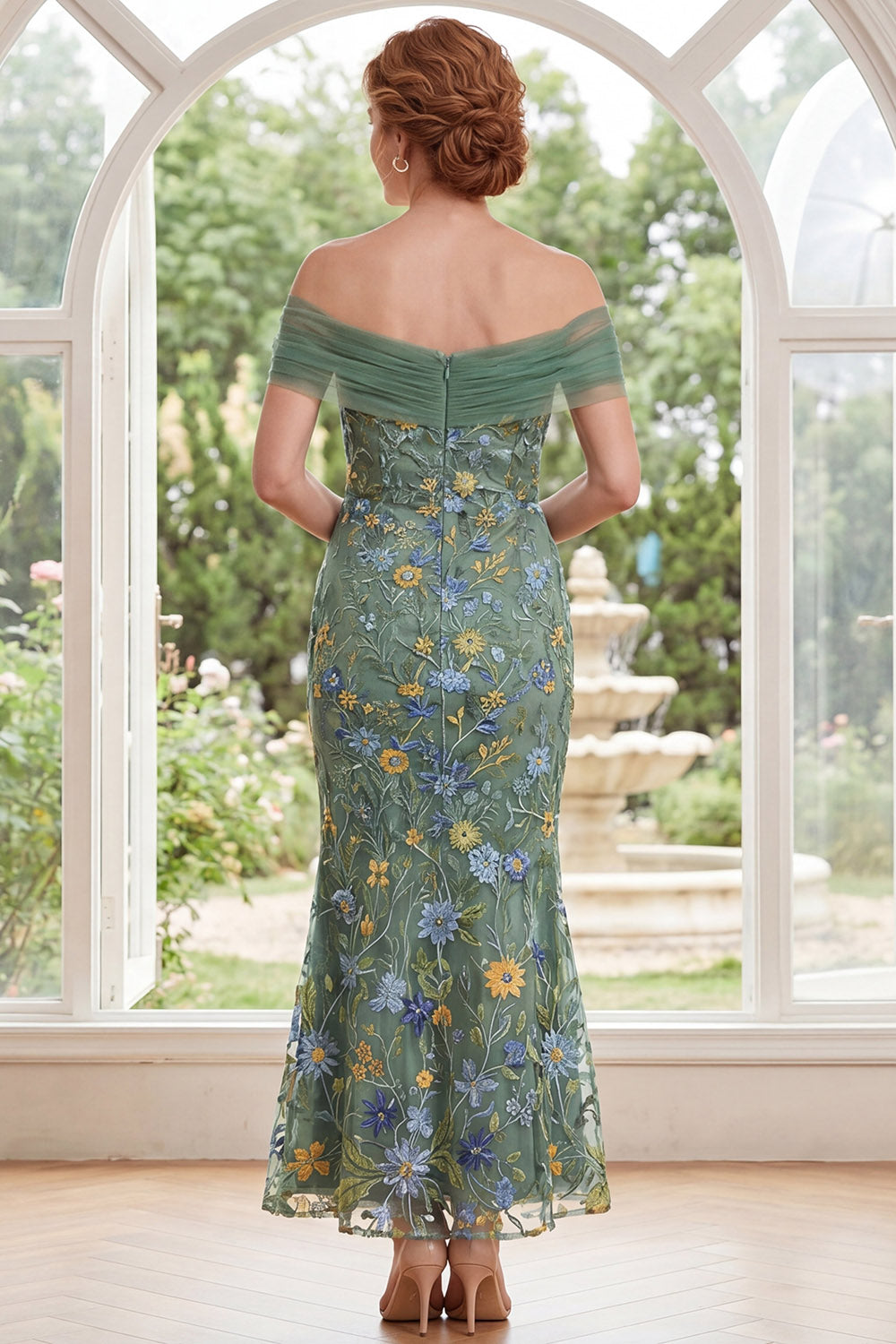 Mermaid Green Off-the-Shoulder Embroidered Floral Long Mother of the Bride Dress