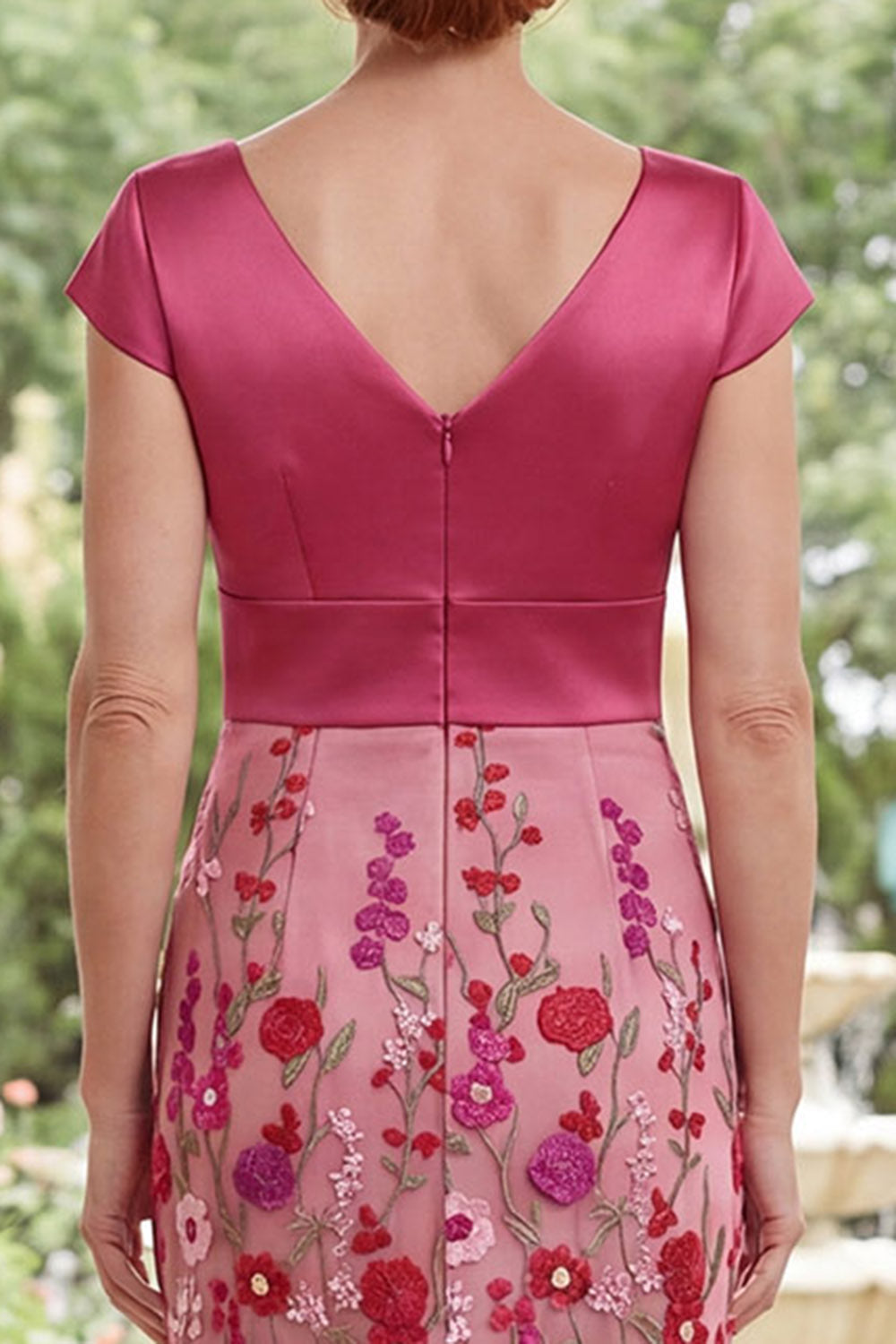 Fuchsia Mermaid Floral V-Neck Long Mother Of the Bride Dress with Cap Sleeves