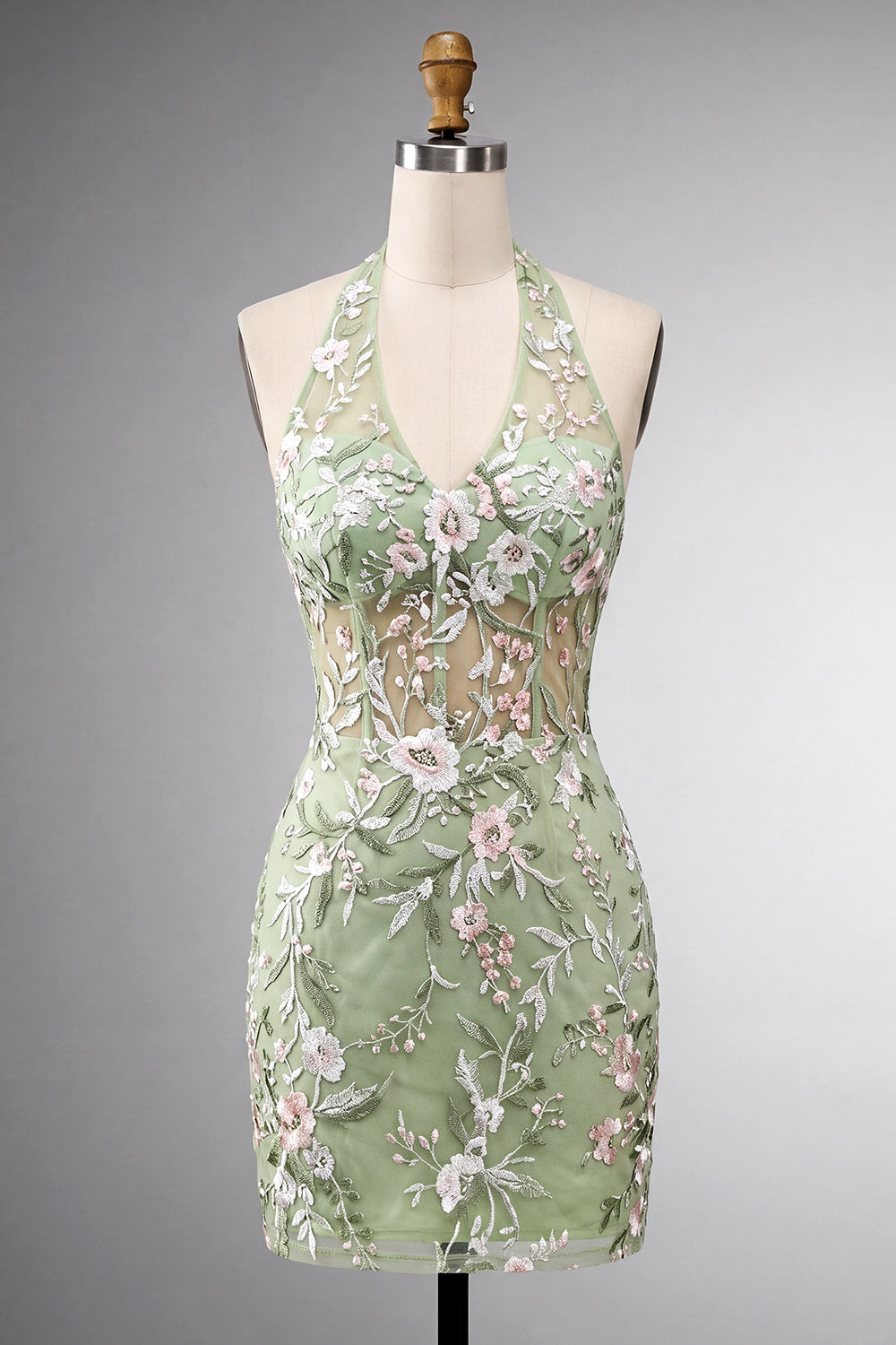 Robe de bal dos nu vert sauge, transparente, style corset, moulante, brodée