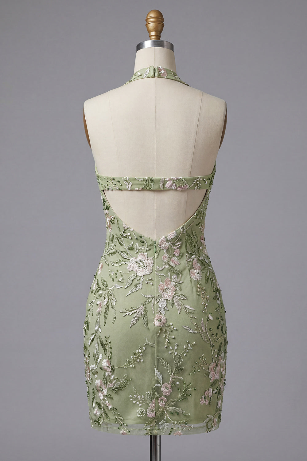 Robe de bal dos nu vert sauge, transparente, style corset, moulante, brodée