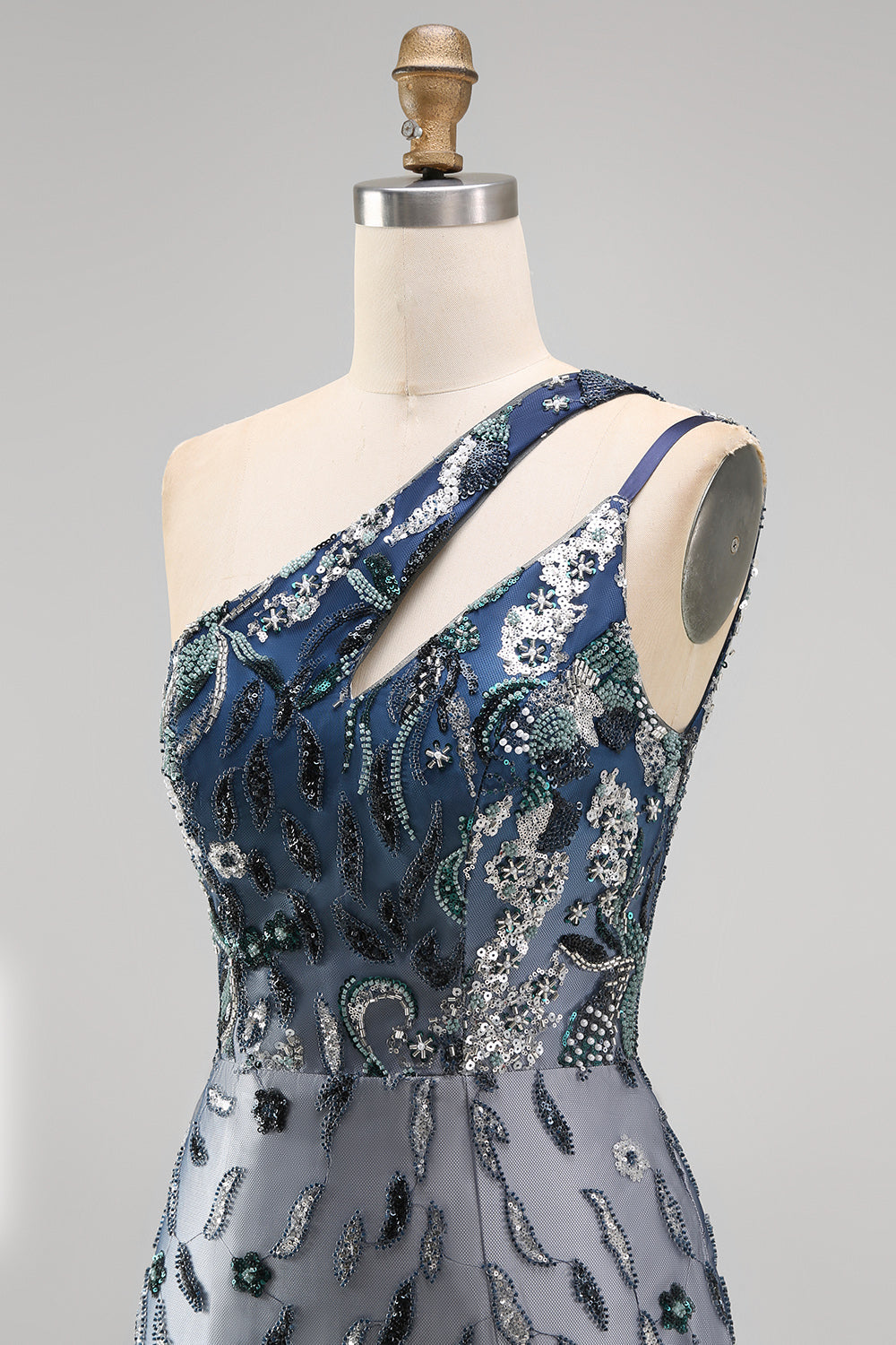 Sparkly Navy One Shoulder Bodycon Sequins Floral Homecoming Dress