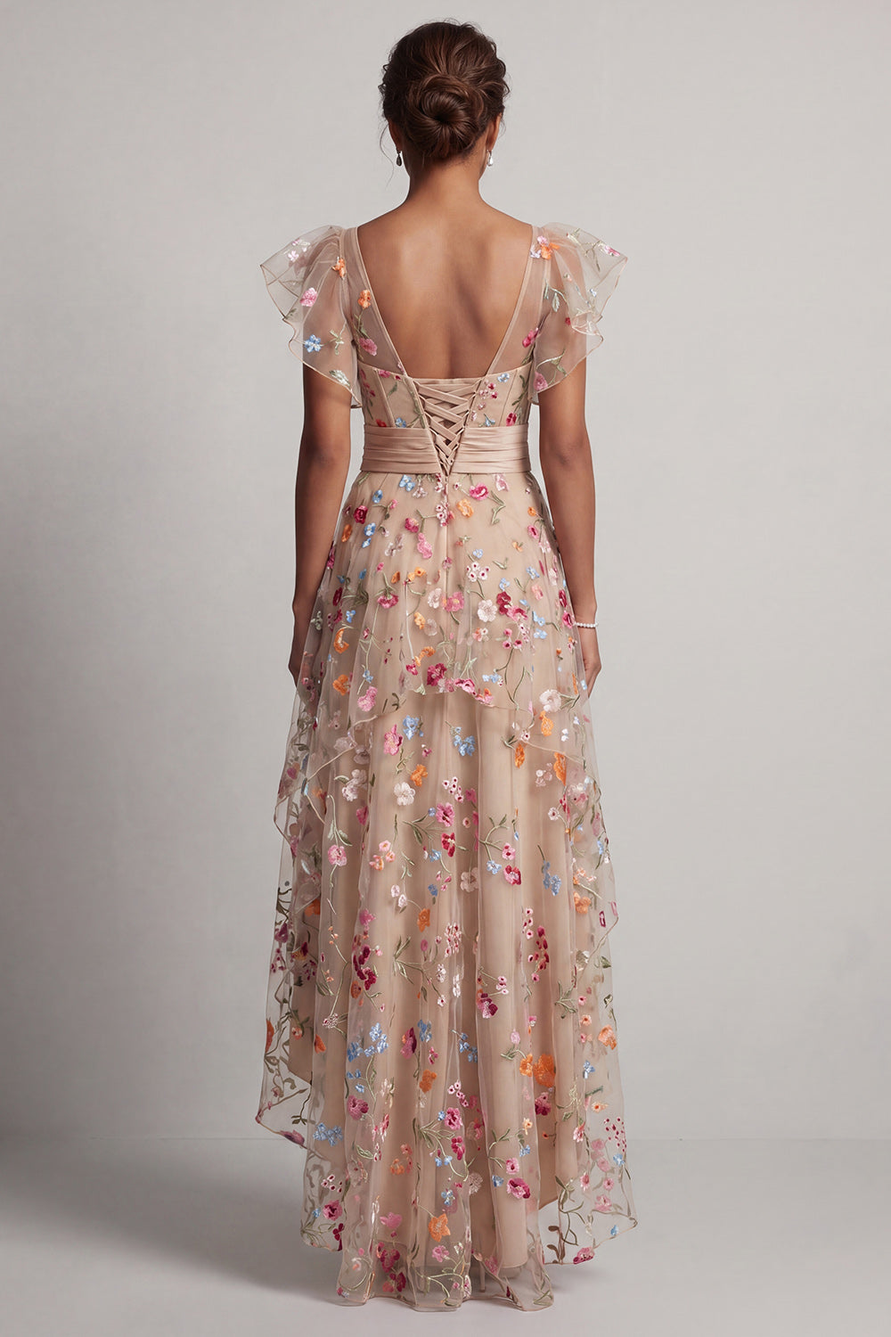 Champagne A-Line Tulle Corset Embroidered Floral High-Low Mother Of the Bride Dress
