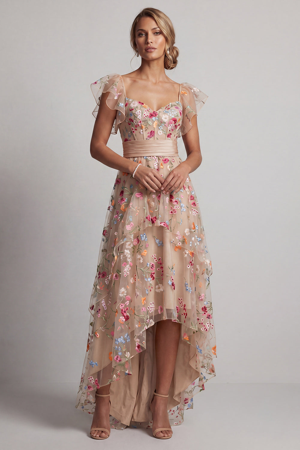 Champagne A-Line Tulle Corset Embroidered Floral High-Low Mother Of the Bride Dress