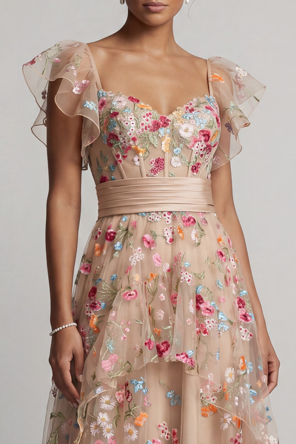 Champagne A-Line Tulle Corset Embroidered Floral High-Low Mother Of the Bride Dress