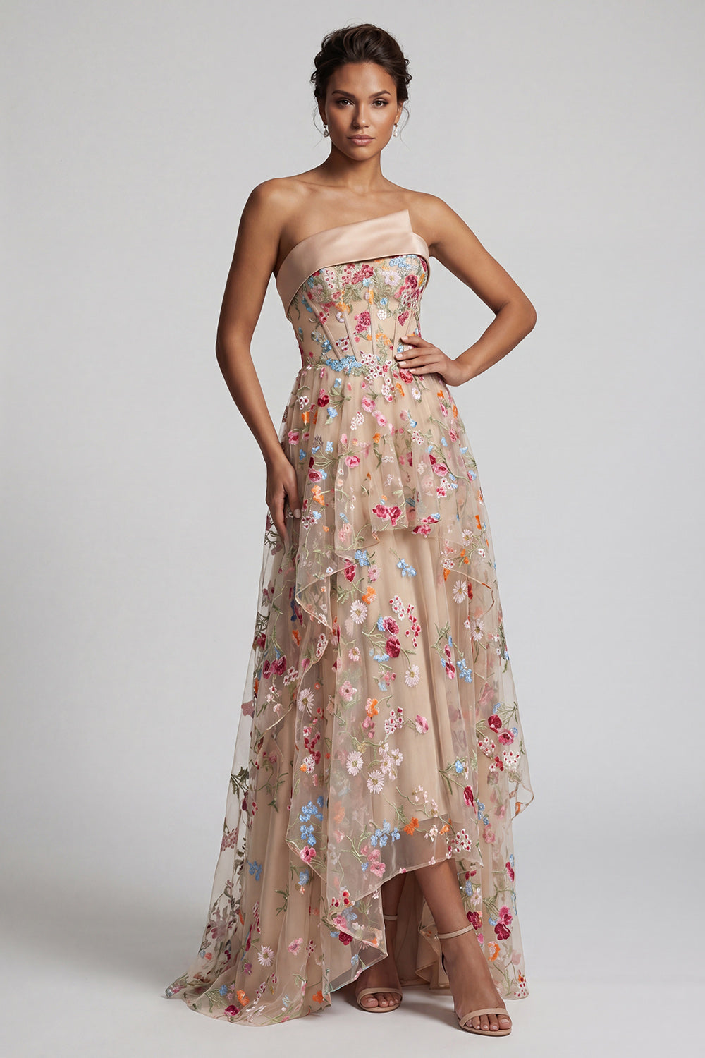 Off the Shoulder High-Low Champagne A-Line Tulle Floral Mother Of the Bride Dress