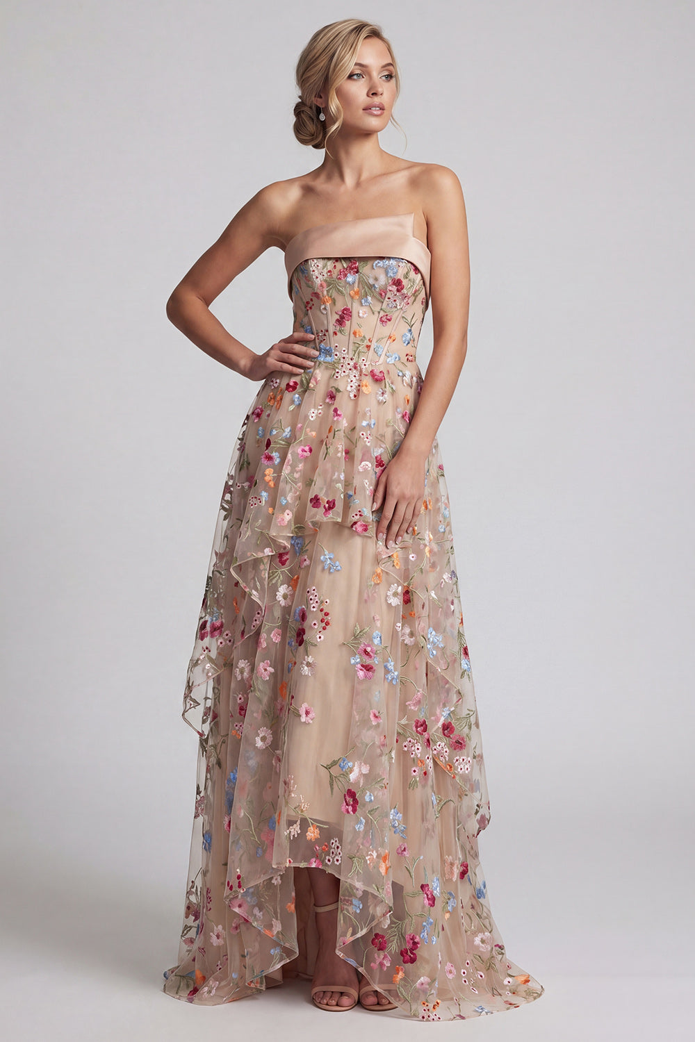 Off the Shoulder High-Low Champagne A-Line Tulle Floral Mother Of the Bride Dress