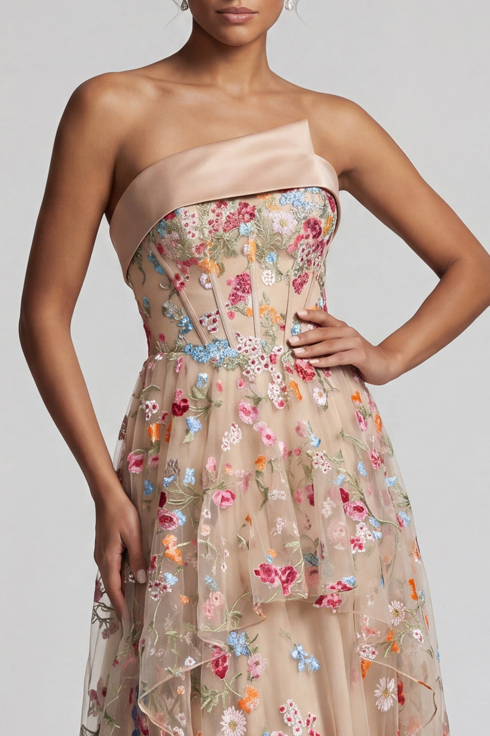 Off the Shoulder High-Low Champagne A-Line Tulle Floral Mother Of the Bride Dress