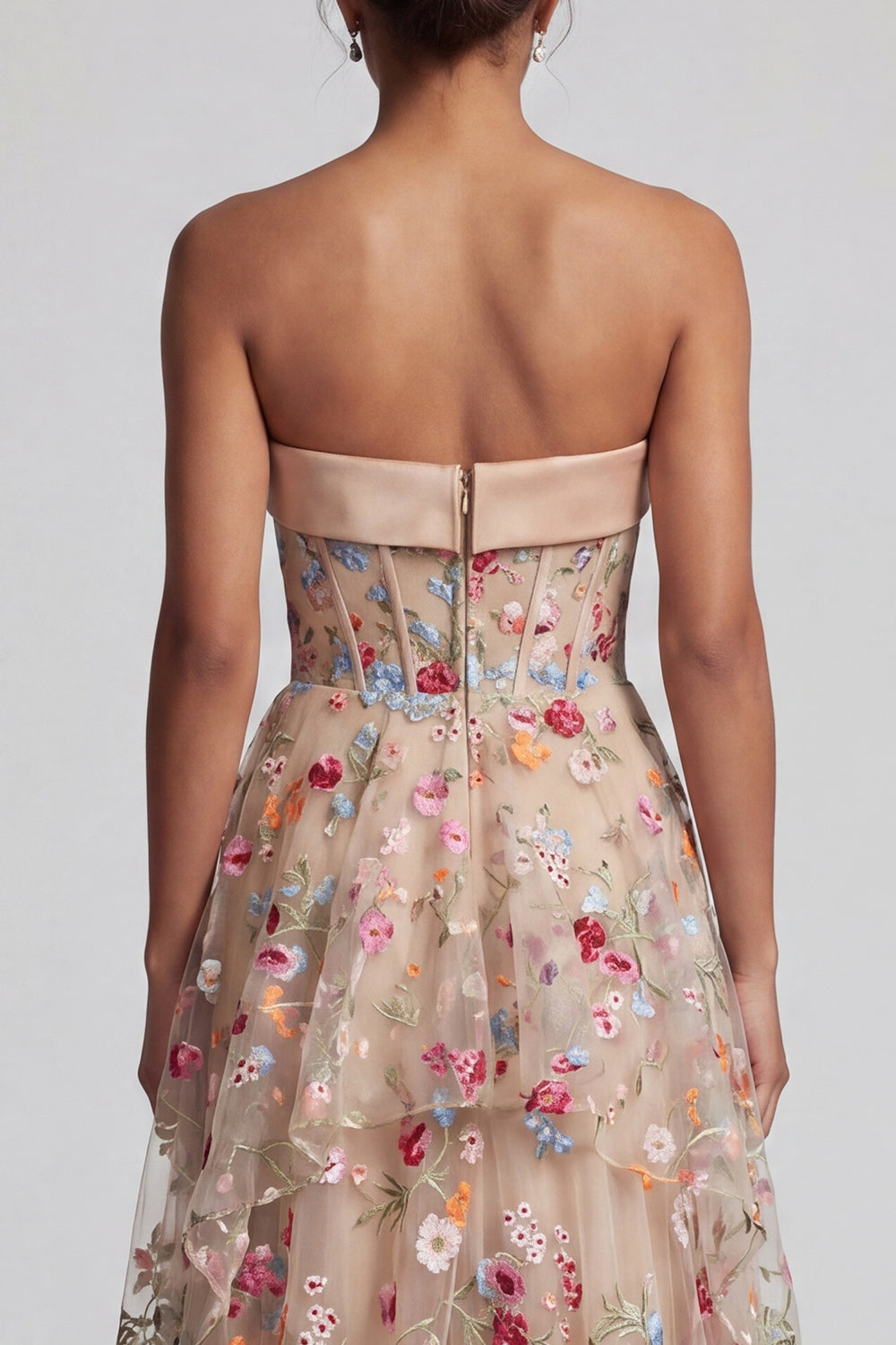 Off the Shoulder High-Low Champagne A-Line Tulle Floral Mother Of the Bride Dress