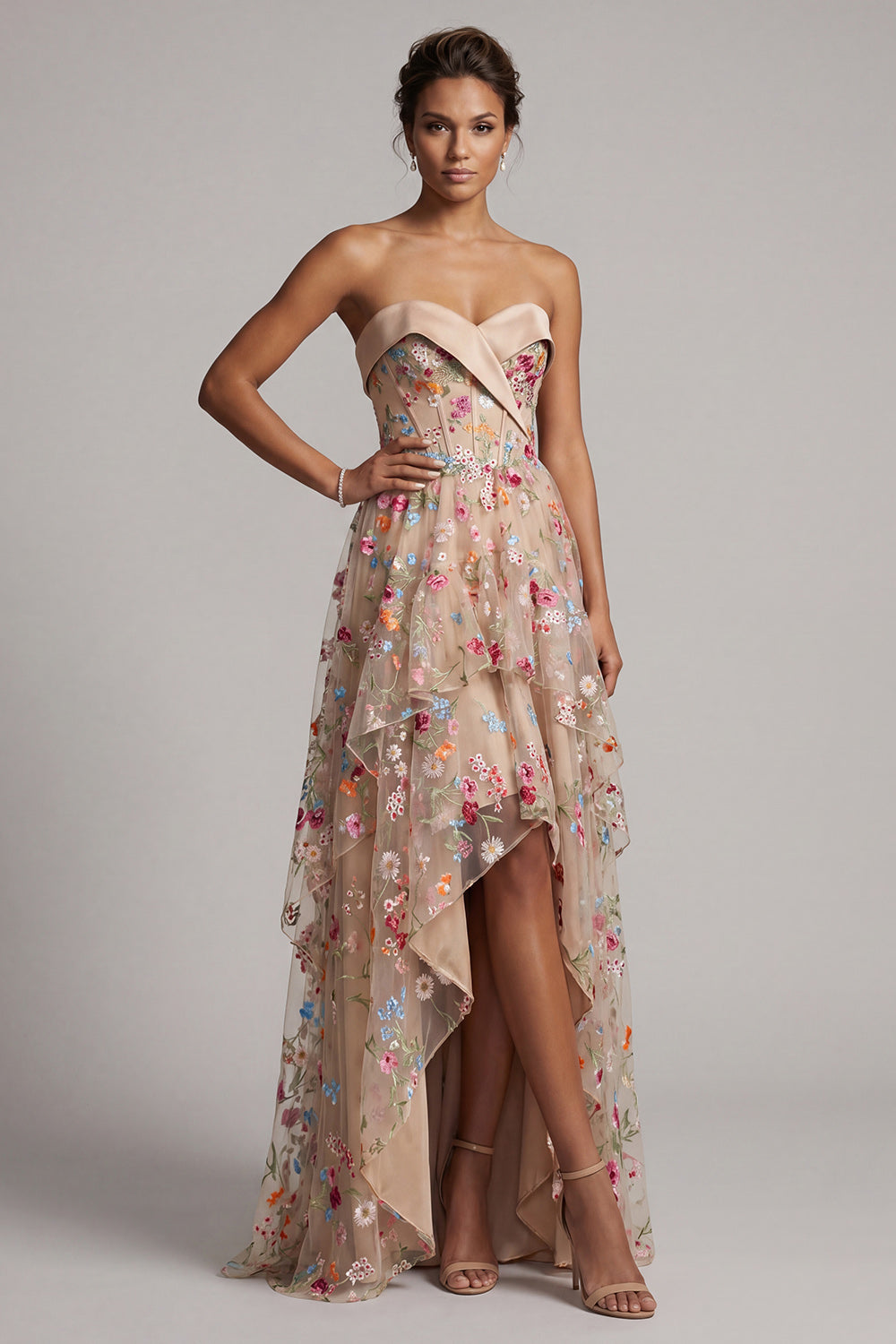 Sweetheart Champagne A-Line Corset Tulle High-Low Floral Mother Of the Bride Dress