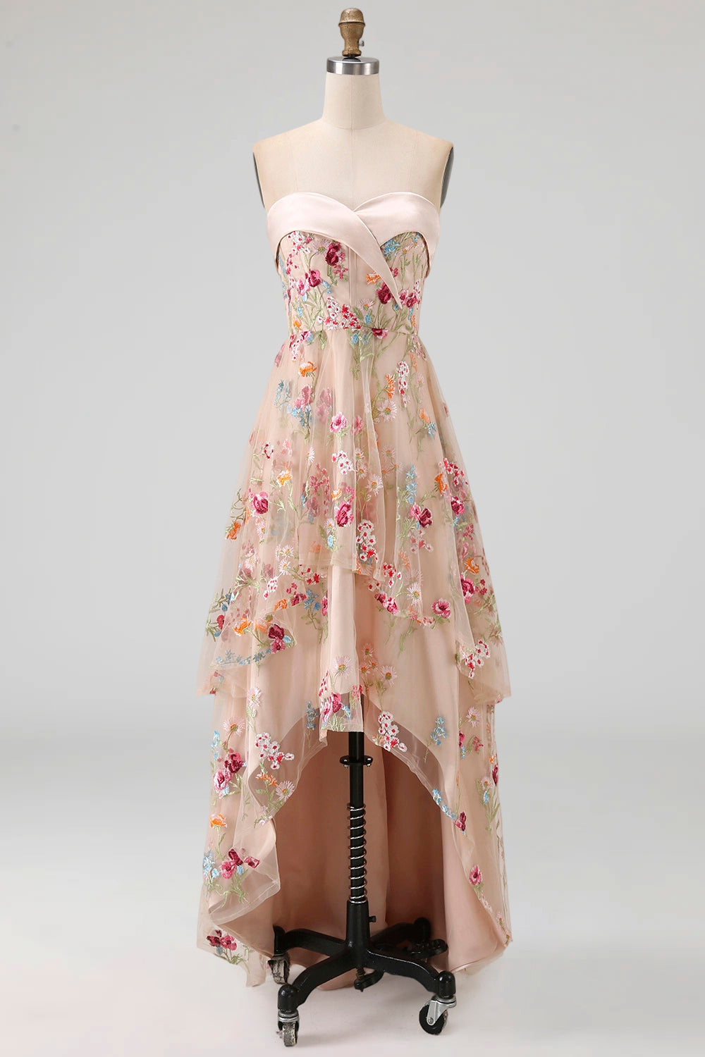 Sweetheart Champagne A-Line Corset Tulle High-Low Floral Mother Of the Bride Dress