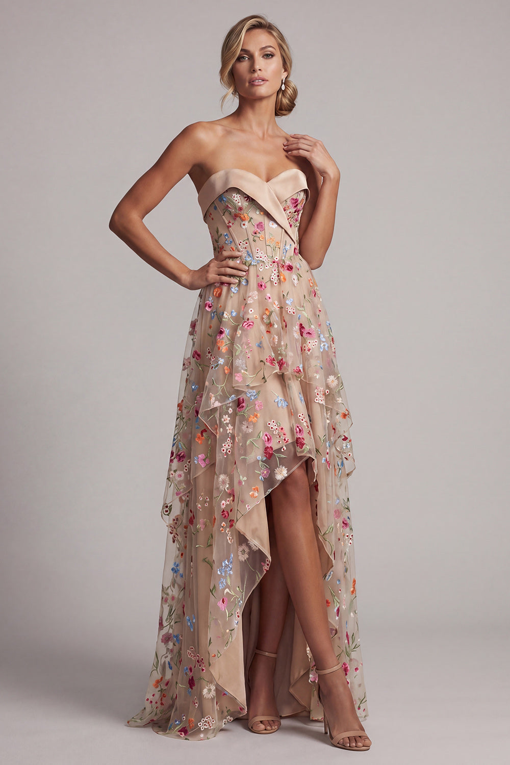 Sweetheart Champagne A-Line Corset Tulle High-Low Floral Mother Of the Bride Dress