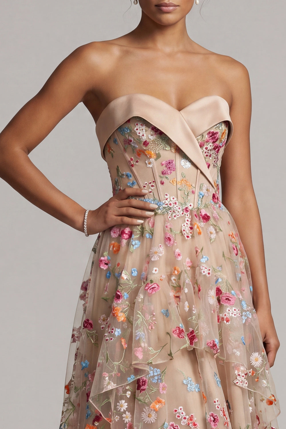 Sweetheart Champagne A-Line Corset Tulle High-Low Floral Mother Of the Bride Dress