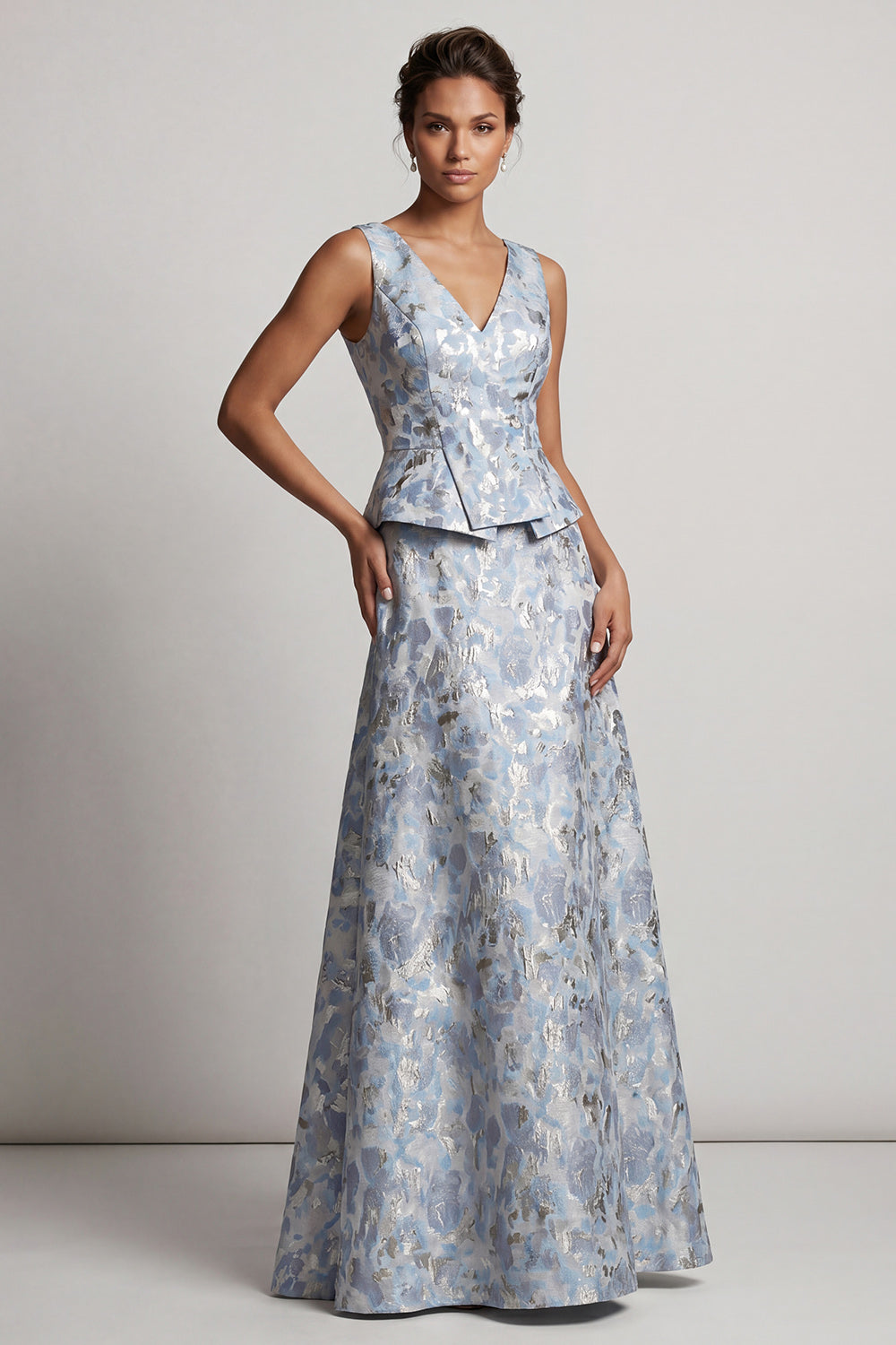 Dusty Blue A-Line V-Neck Long Jacquard Floral Mother of the Bride Dress