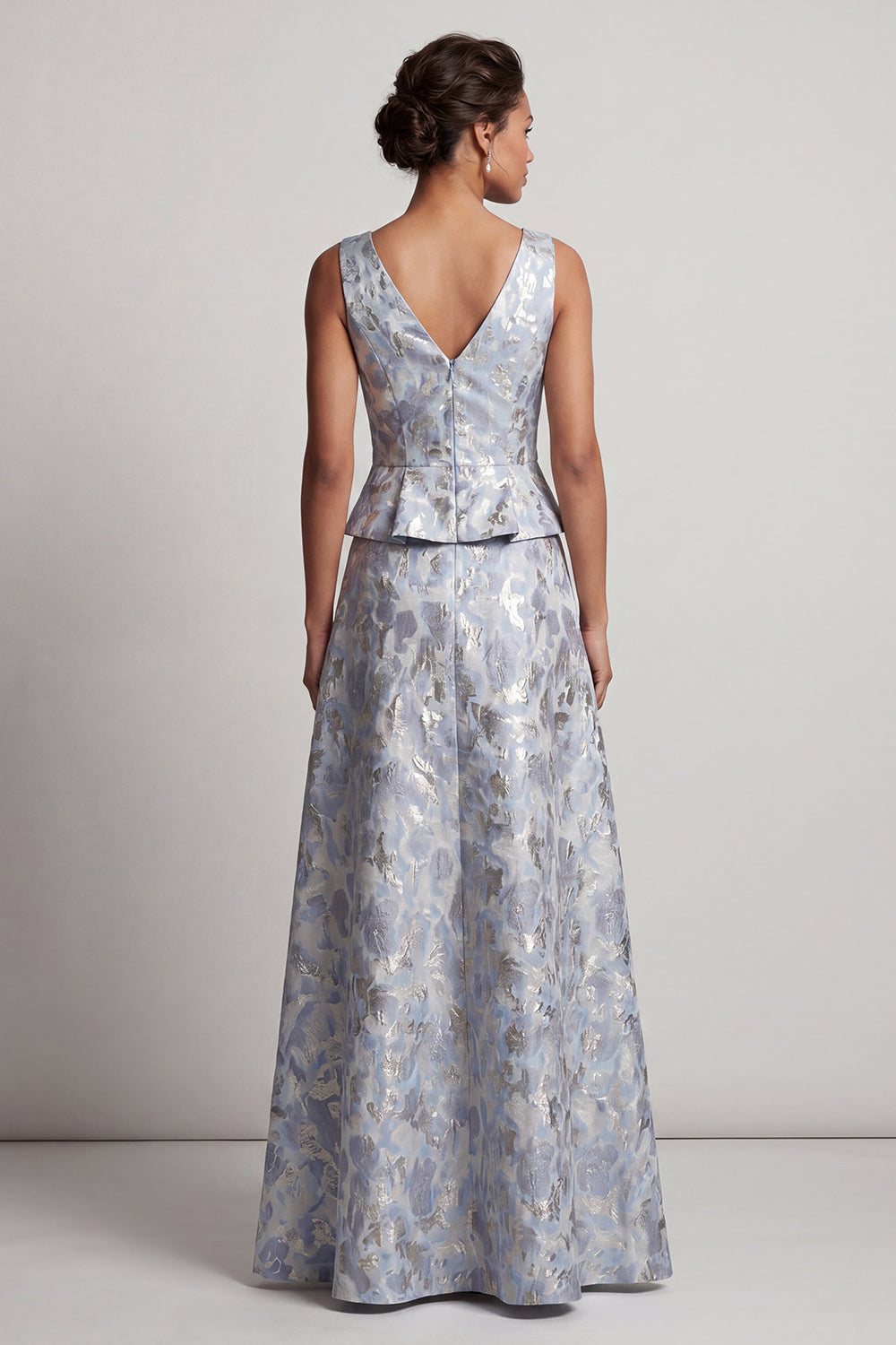 Dusty Blue A-Line V-Neck Long Jacquard Floral Mother of the Bride Dress