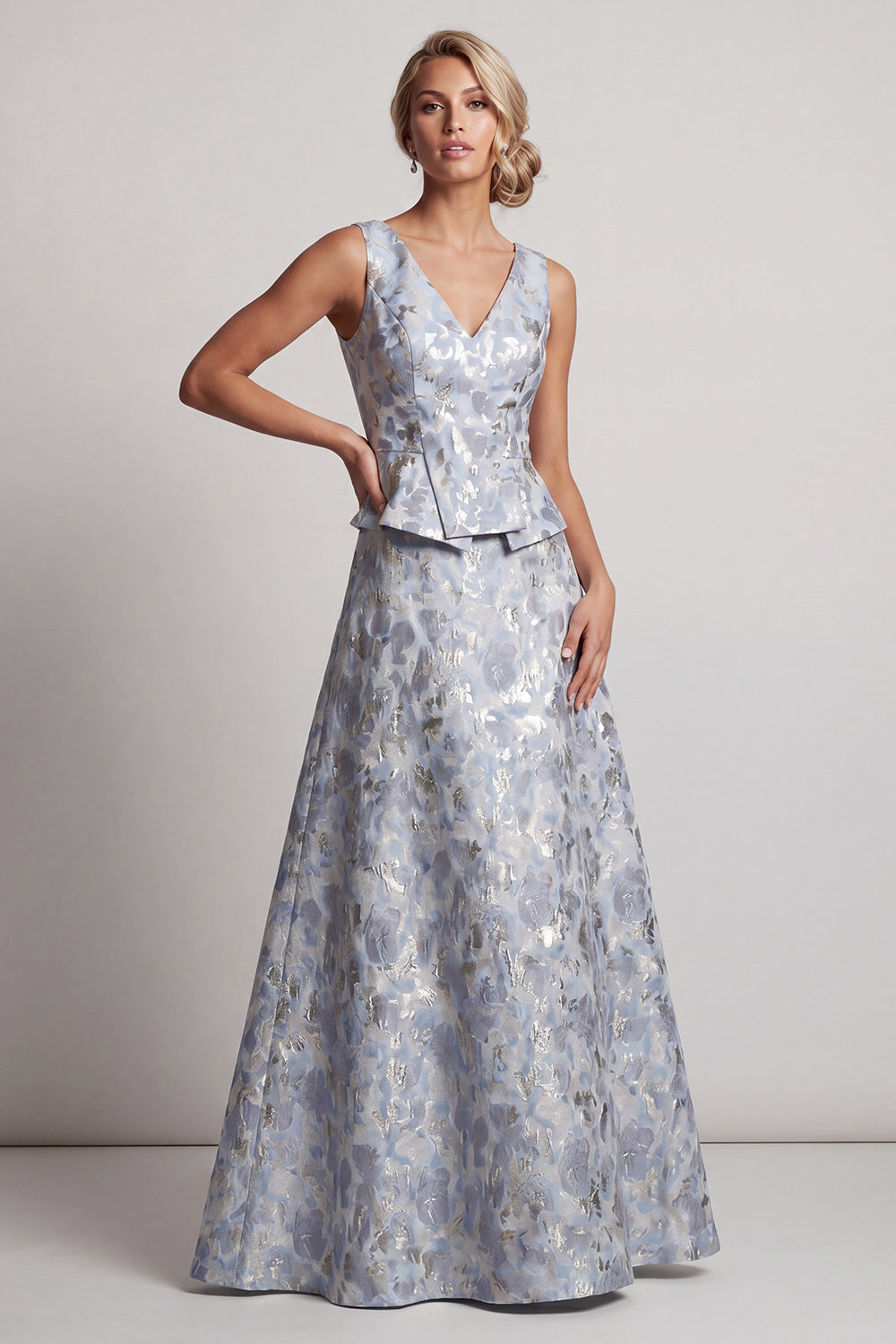 Dusty Blue A-Line V-Neck Long Jacquard Floral Mother of the Bride Dress