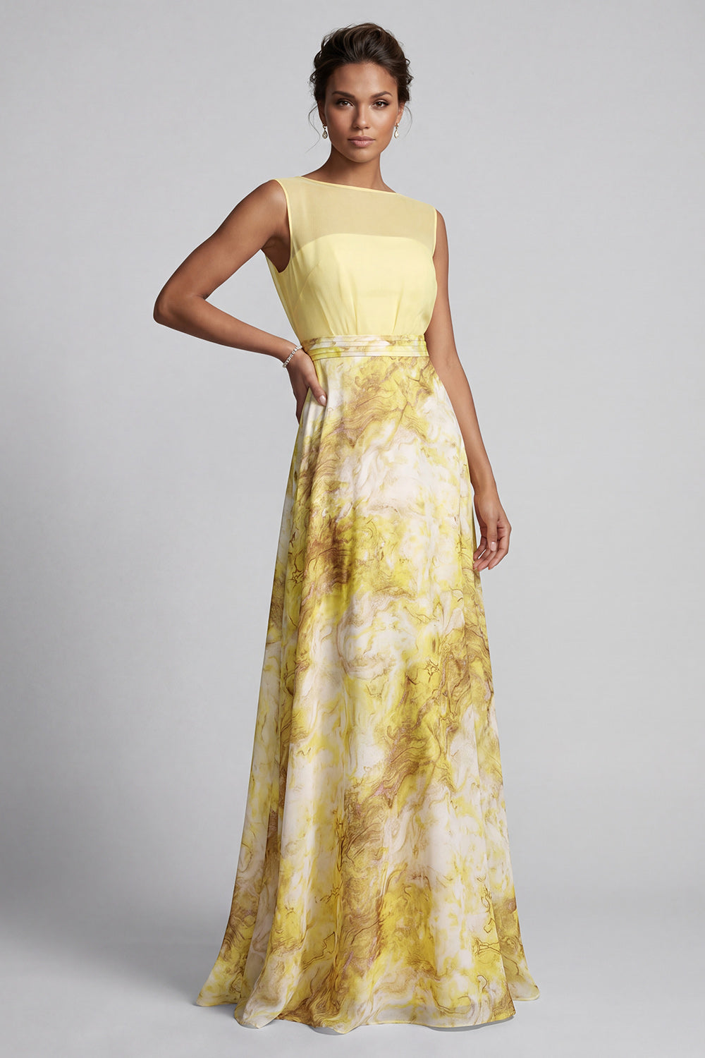 Yellow A-Line Bateau Neck Long Floral Printed Mother of the Bride Dress