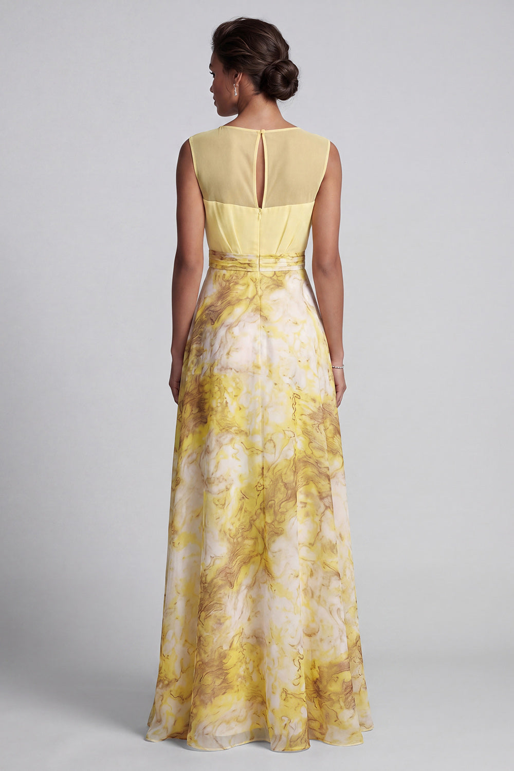 Yellow A-Line Bateau Neck Long Floral Printed Mother of the Bride Dress