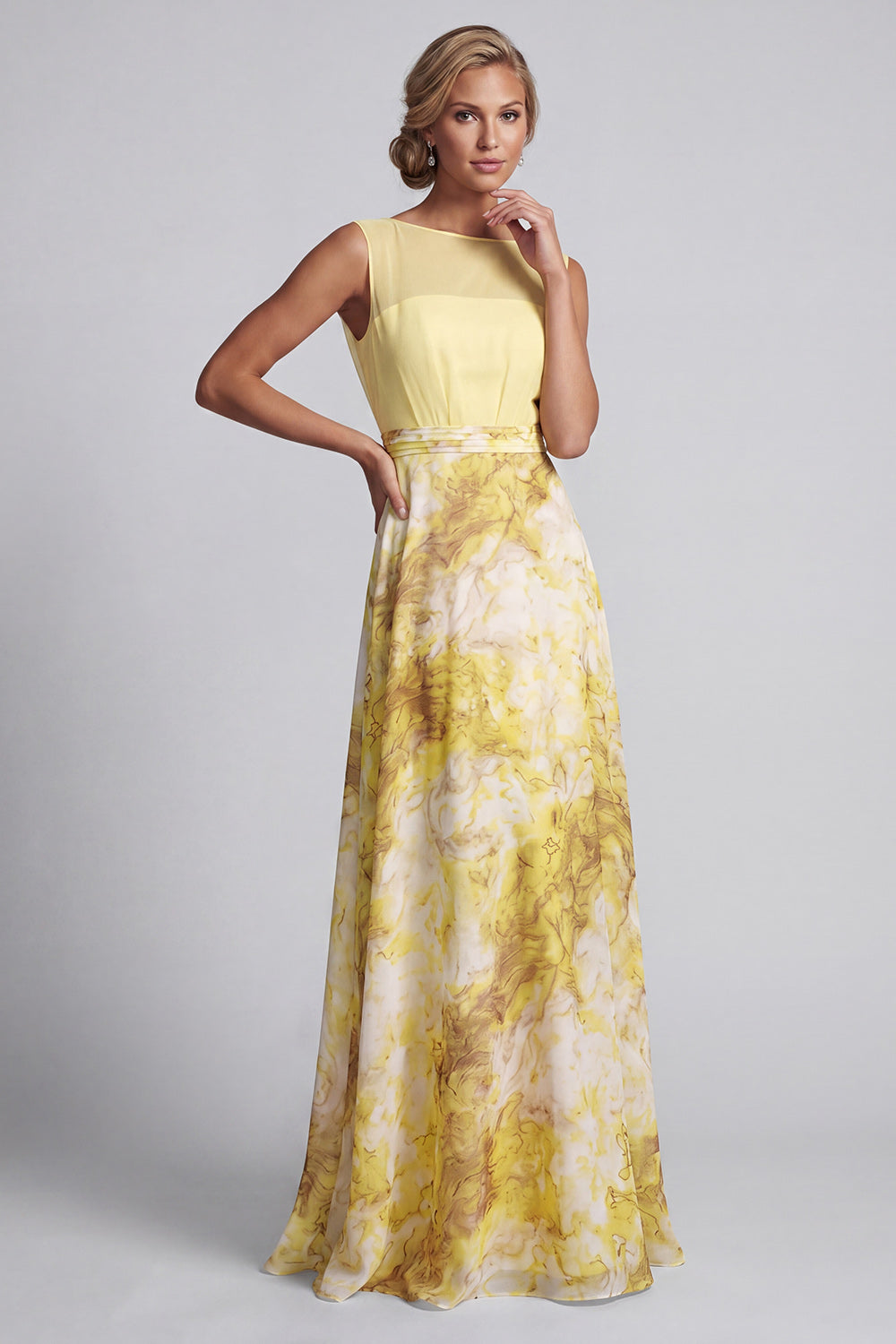 Yellow A-Line Bateau Neck Long Floral Printed Mother of the Bride Dress