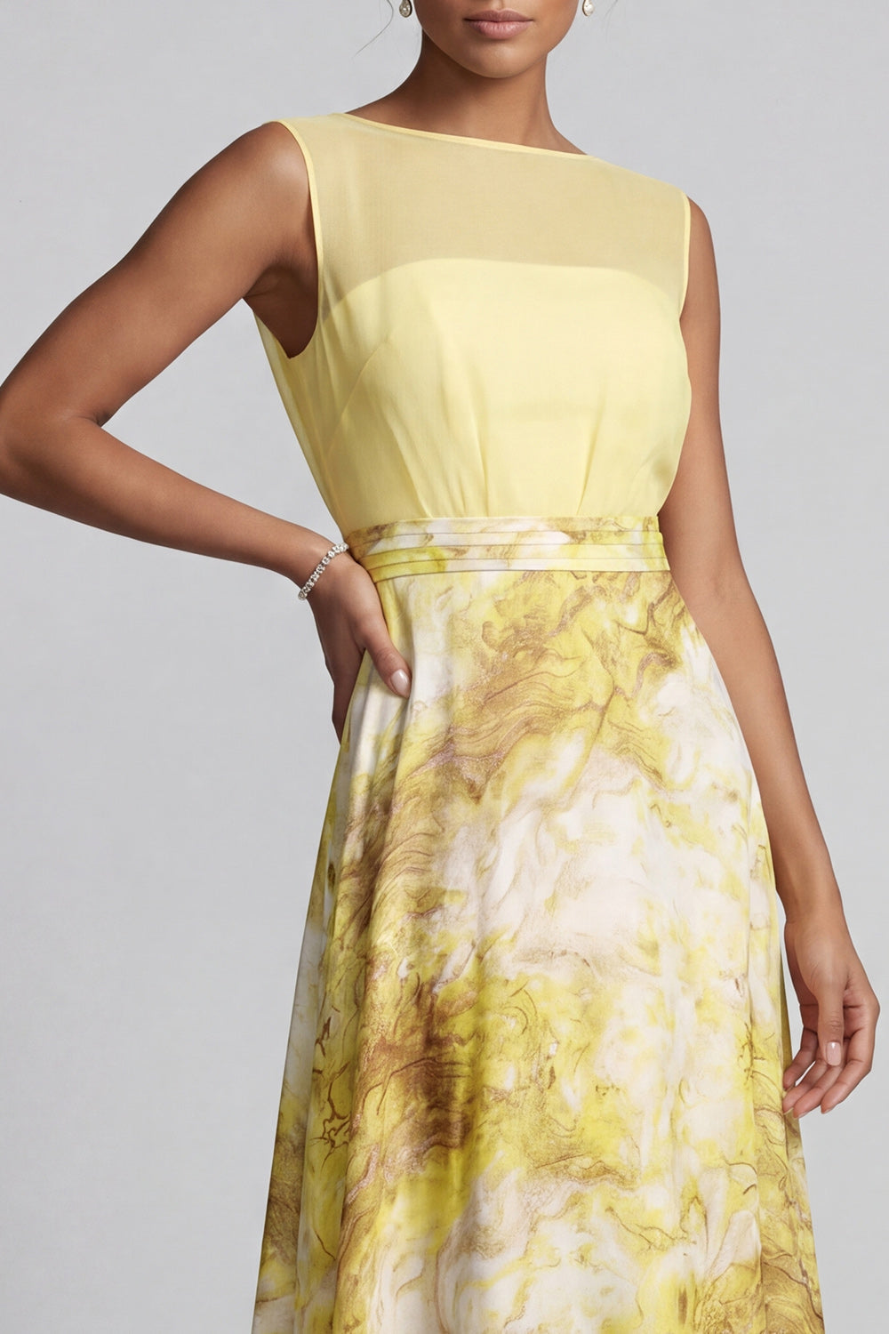 Yellow A-Line Bateau Neck Long Floral Printed Mother of the Bride Dress
