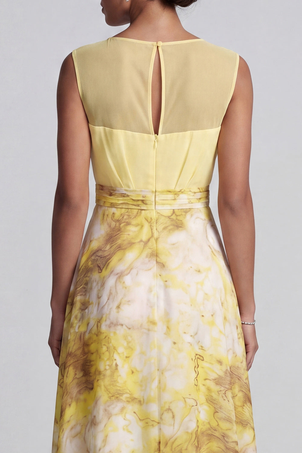 Yellow A-Line Bateau Neck Long Floral Printed Mother of the Bride Dress