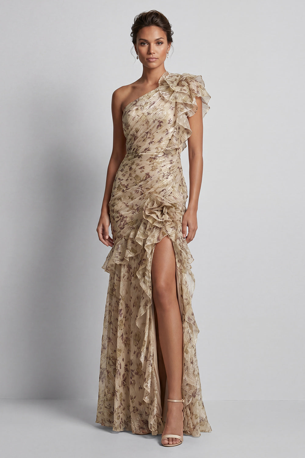 Champagne Floral Mermaid Long Ruffled Mother of the Bride Dress with Slit