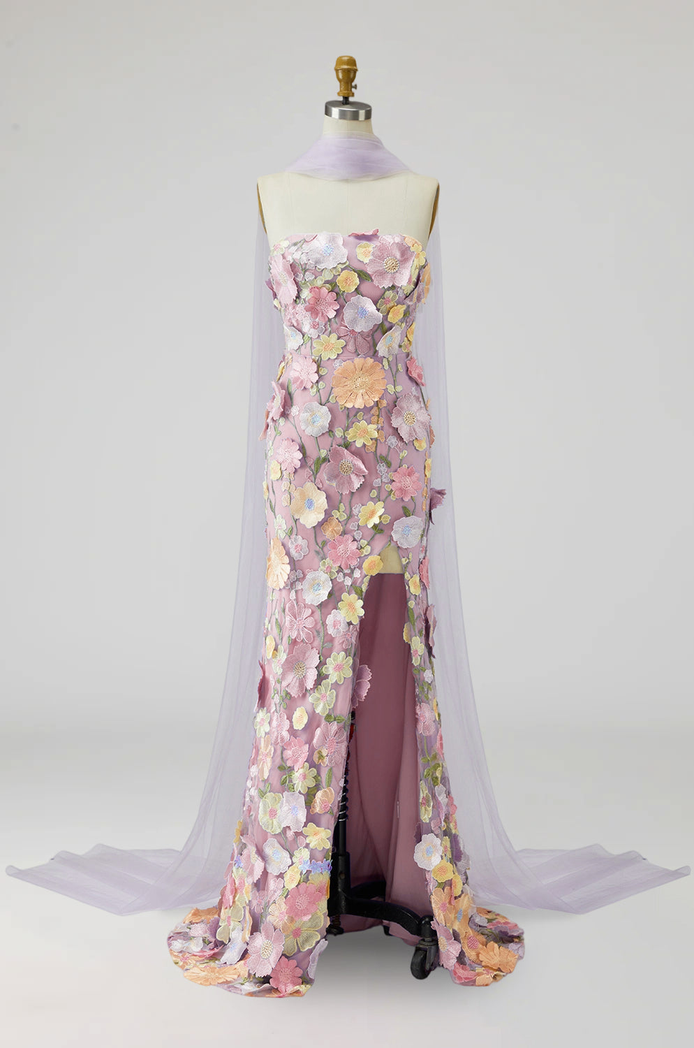 Vestido largo de sirena sin tirantes floral violeta claro para madre de la novia con abertura