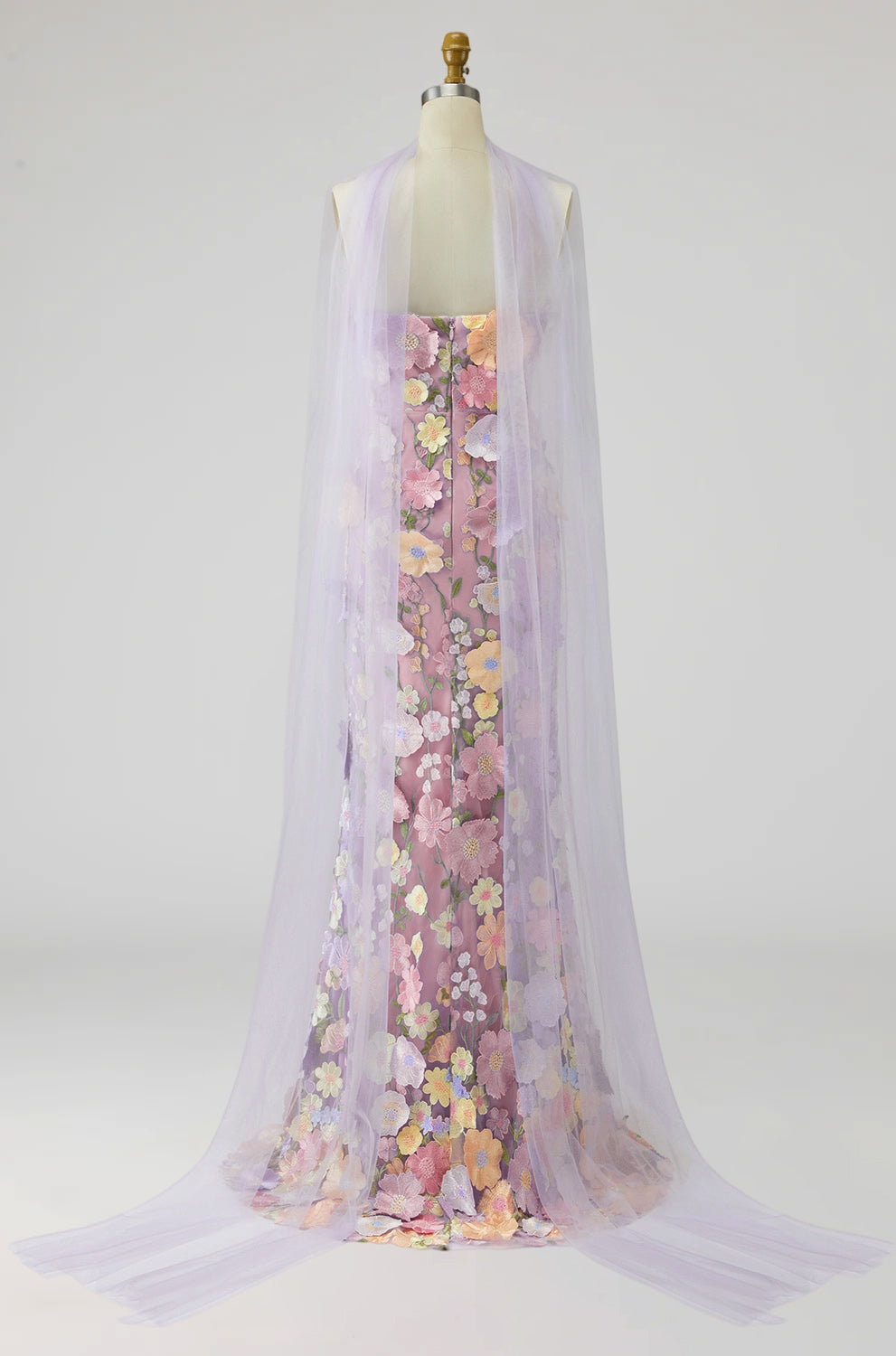 Vestido largo de sirena sin tirantes floral violeta claro para madre de la novia con abertura