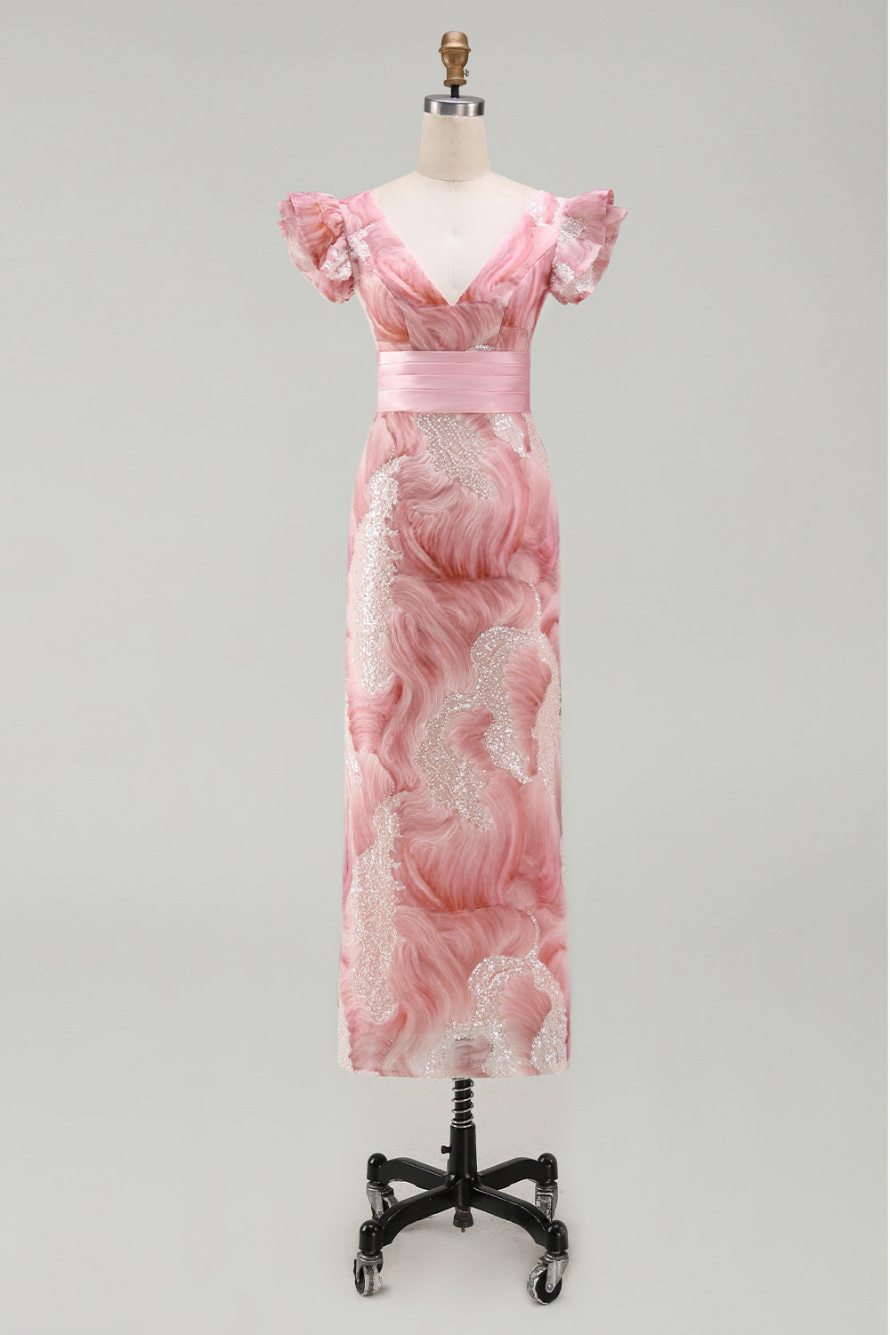 Sparkly Blush Sheath V-Neck Beaded Long Mother of the Bride Dress with Ruffles