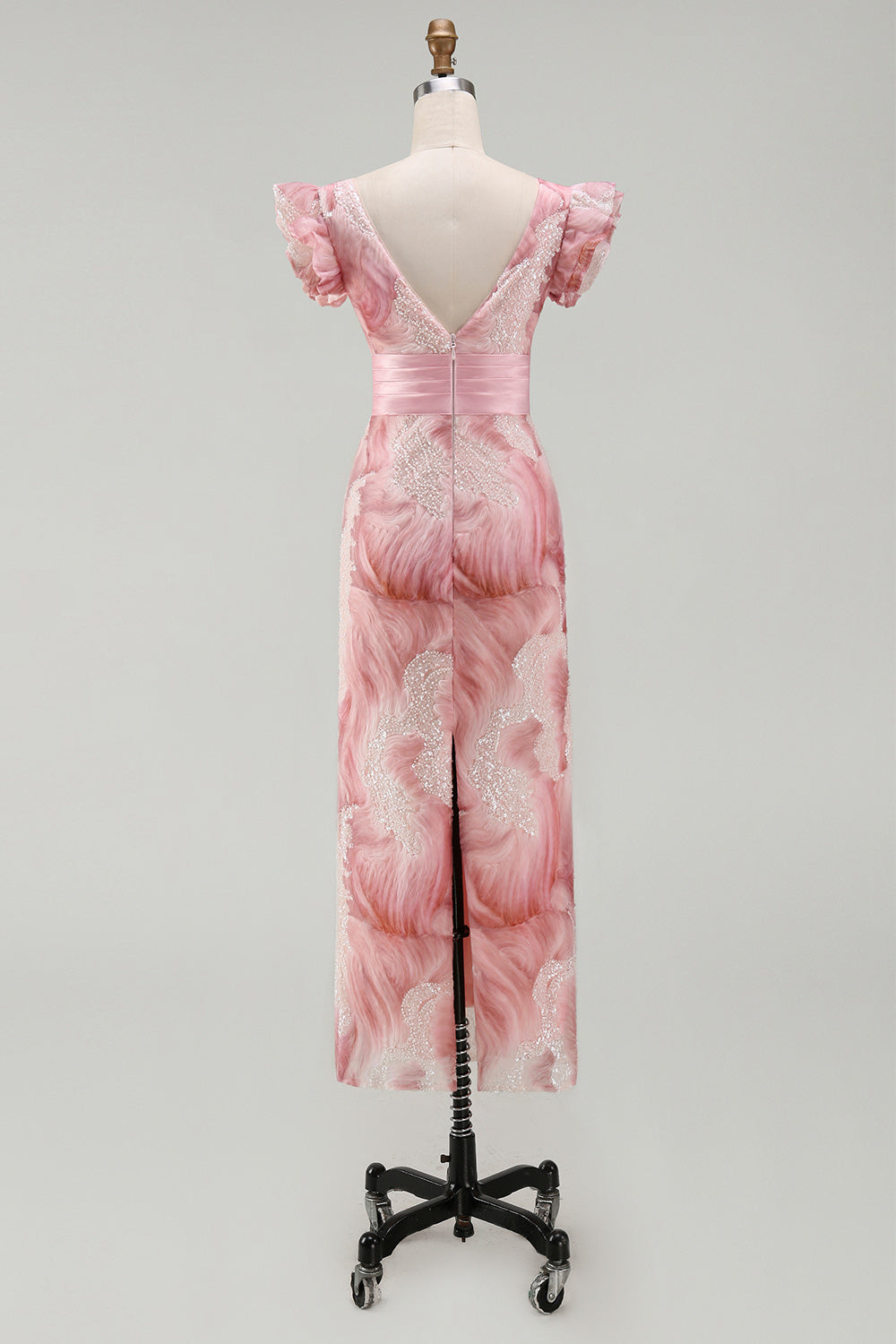 Sparkly Blush Sheath V-Neck Beaded Long Mother of the Bride Dress with Ruffles