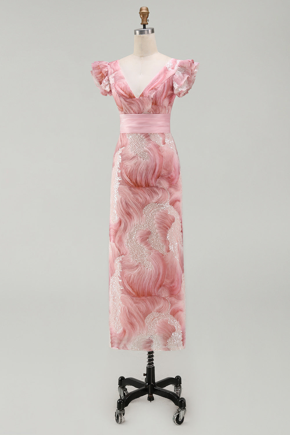 Sparkly Blush Sheath V-Neck Beaded Long Mother of the Bride Dress with Ruffles