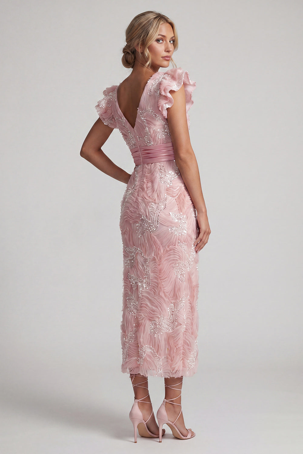 Sparkly Blush Sheath V-Neck Beaded Long Mother of the Bride Dress with Ruffles