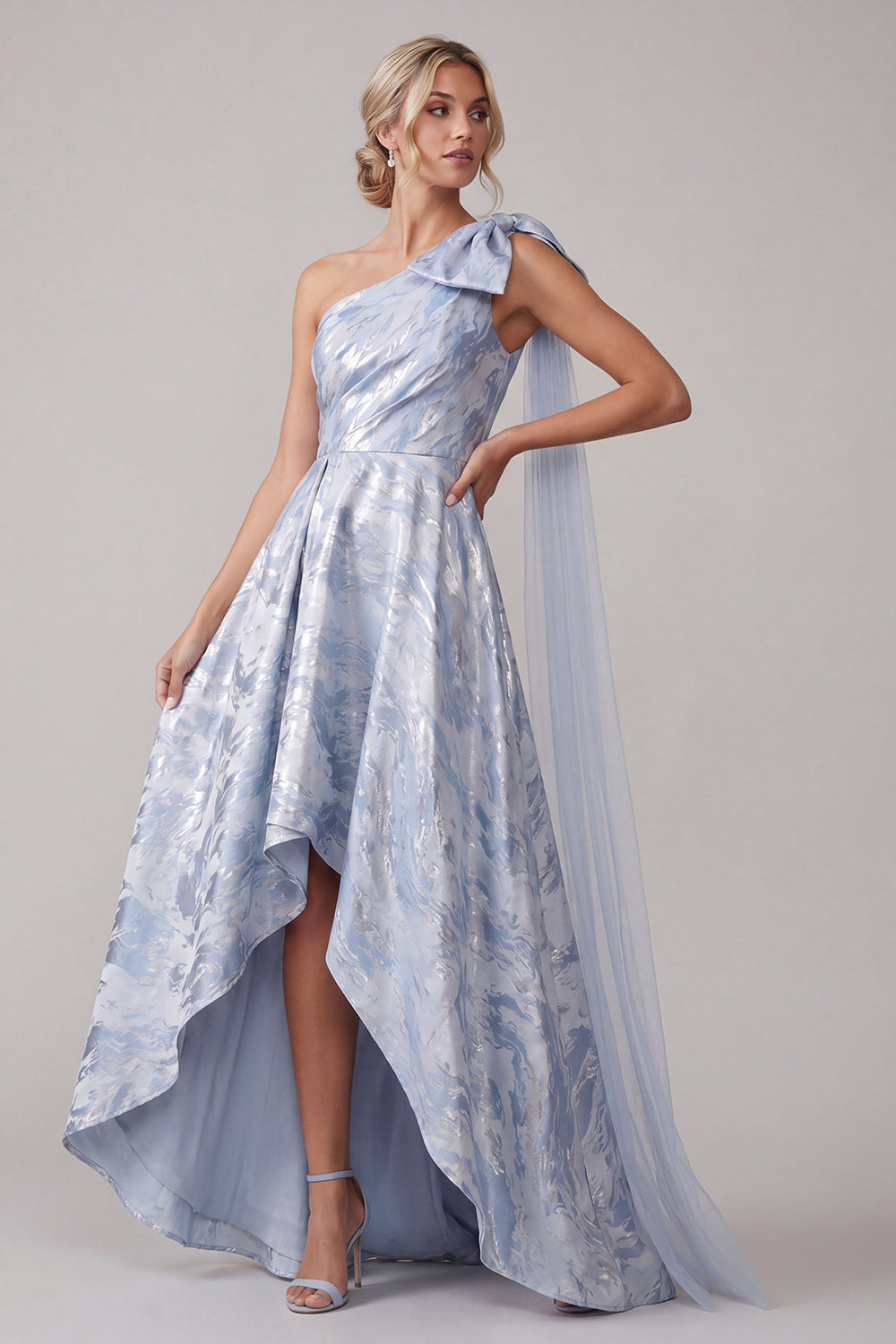 Sky Blue Floral A Line High Low Mother of the Bride Dress with Bow