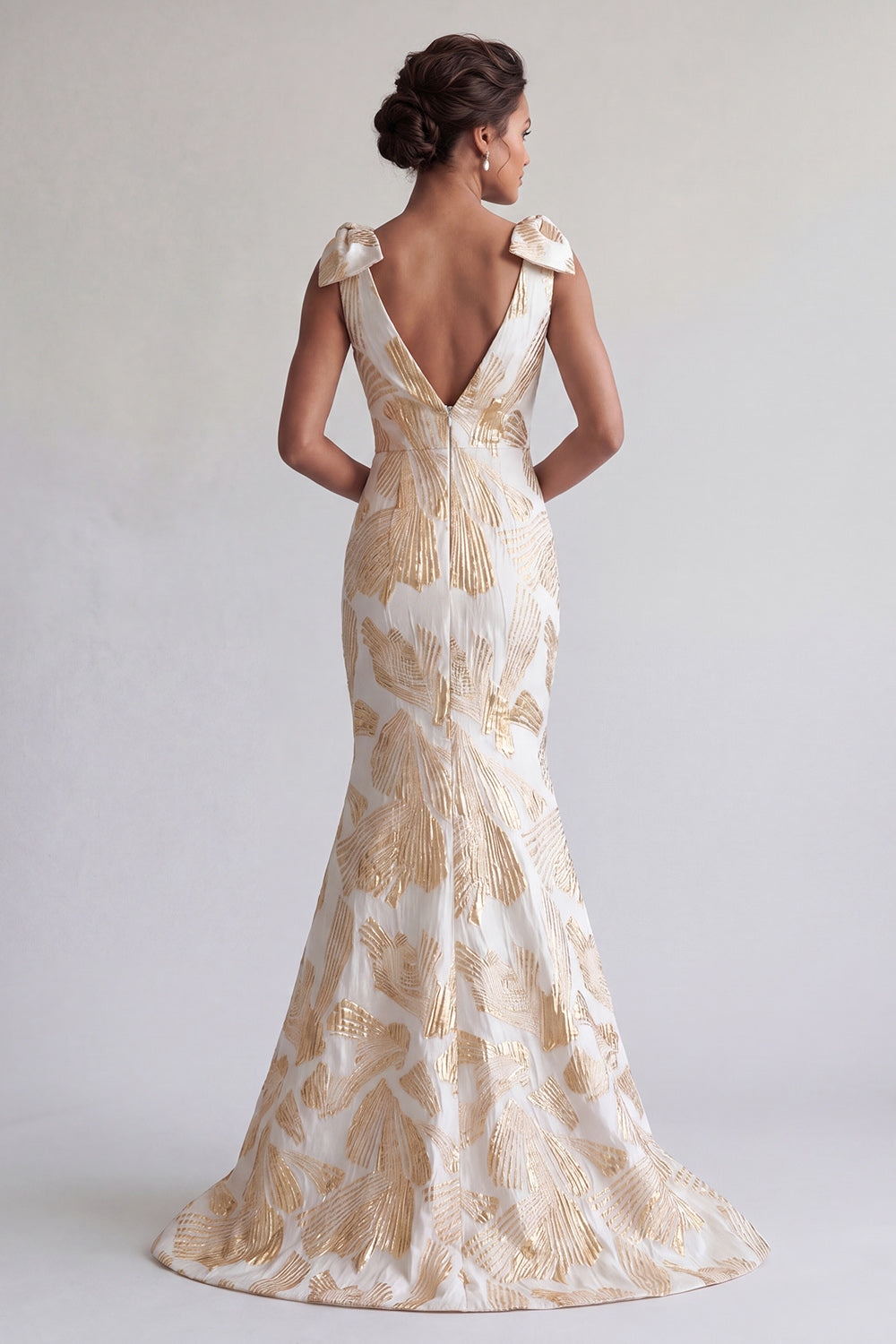 Robe de mère de la mariée longue sirène florale champagne scintillante avec nœuds