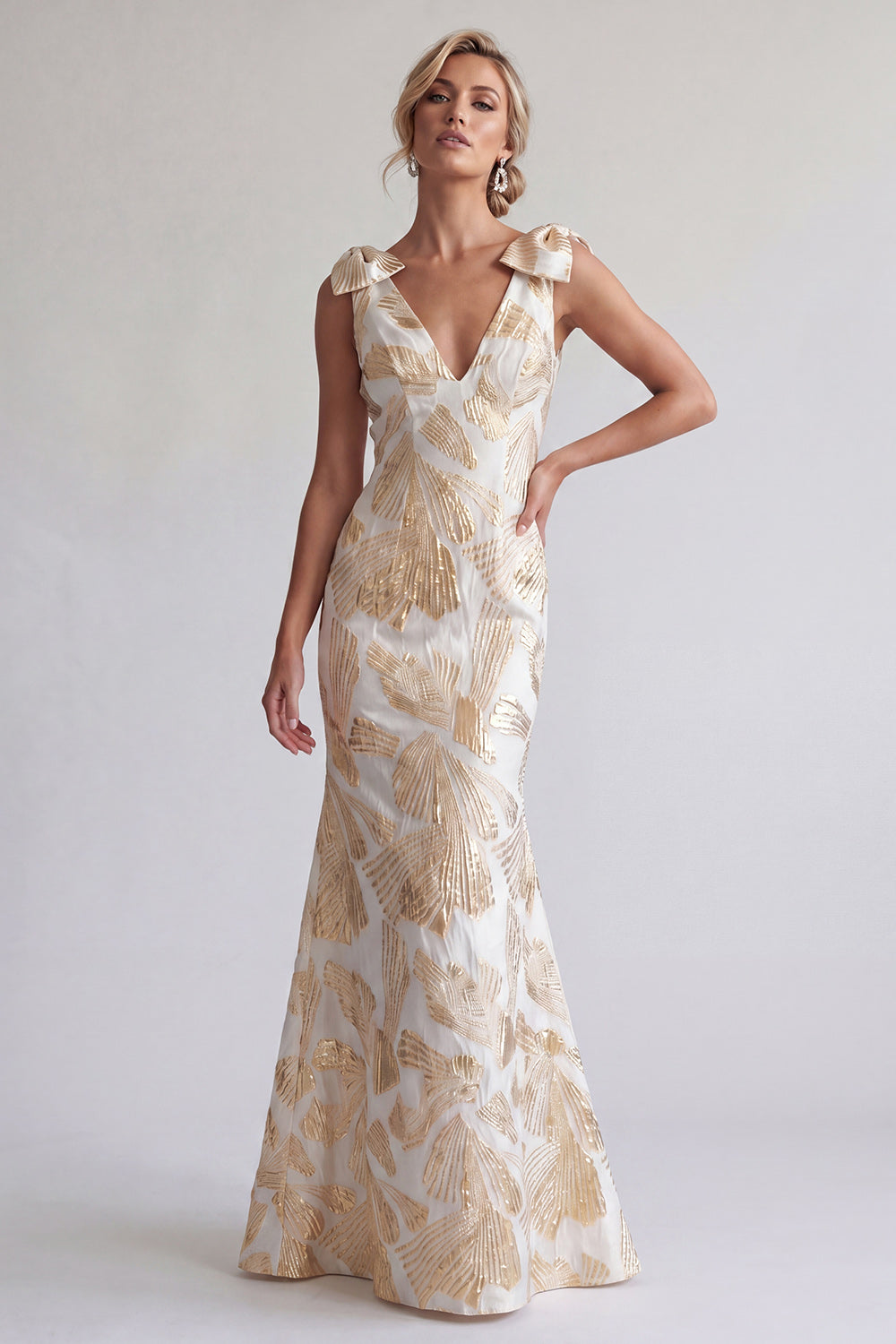 Robe de mère de la mariée longue sirène florale champagne scintillante avec nœuds