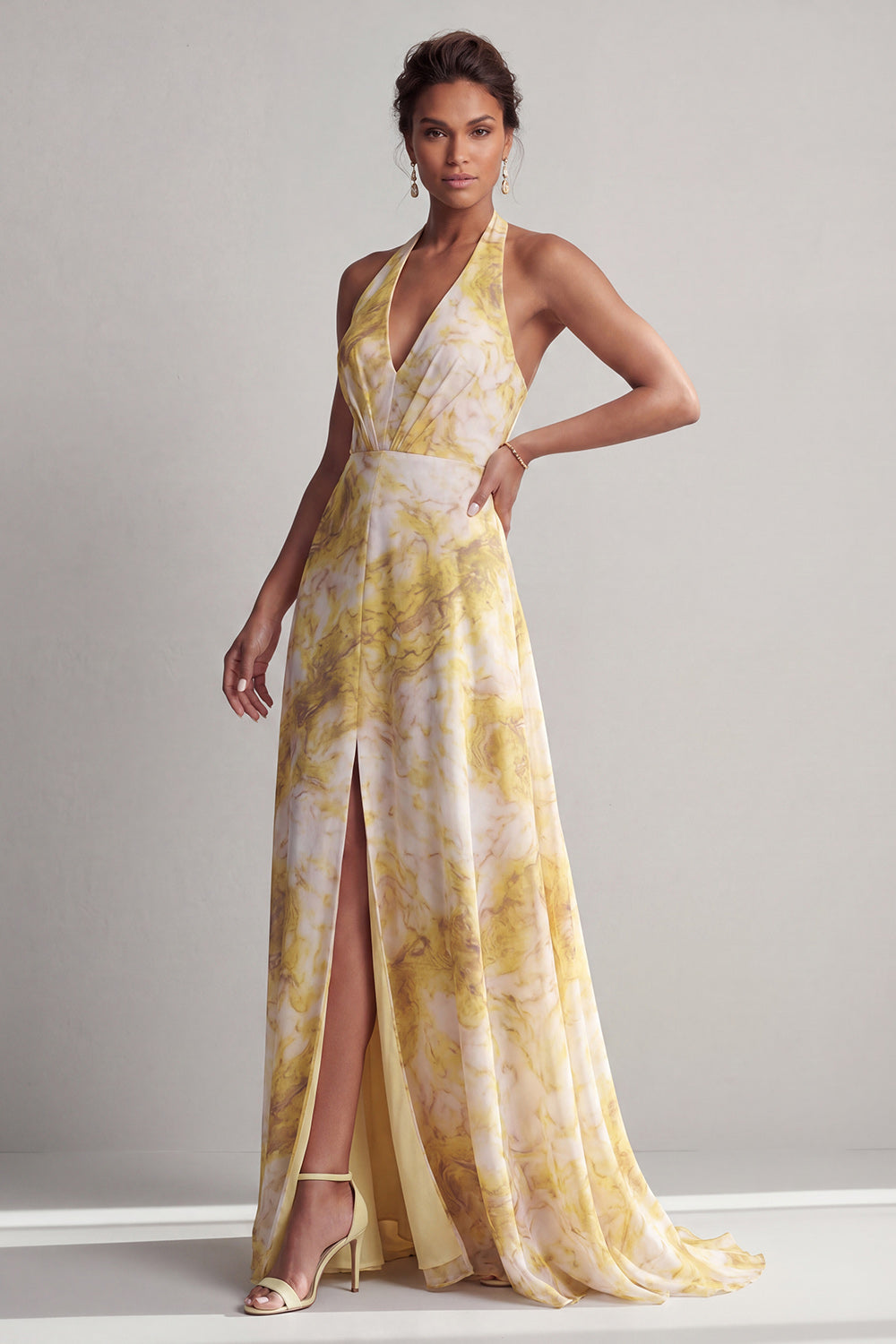 Robe longue jaune à imprimé floral, coupe trapèze avec fente, style licou, pour mère de la mariée