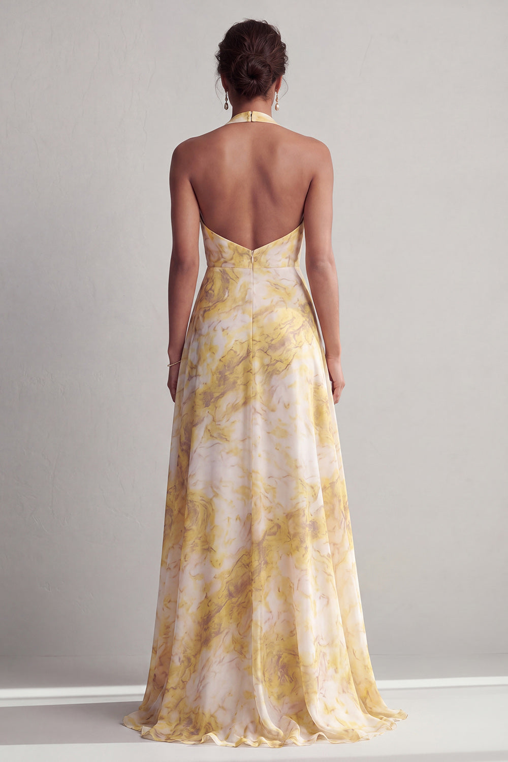Robe longue jaune à imprimé floral, coupe trapèze avec fente, style licou, pour mère de la mariée