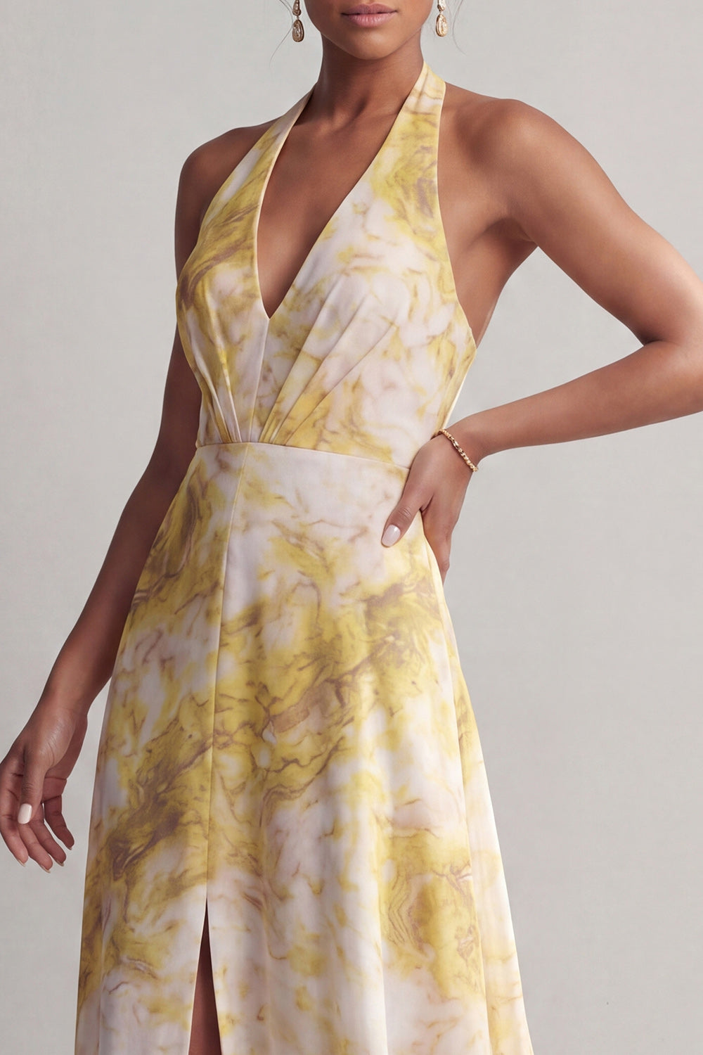 Robe longue jaune à imprimé floral, coupe trapèze avec fente, style licou, pour mère de la mariée