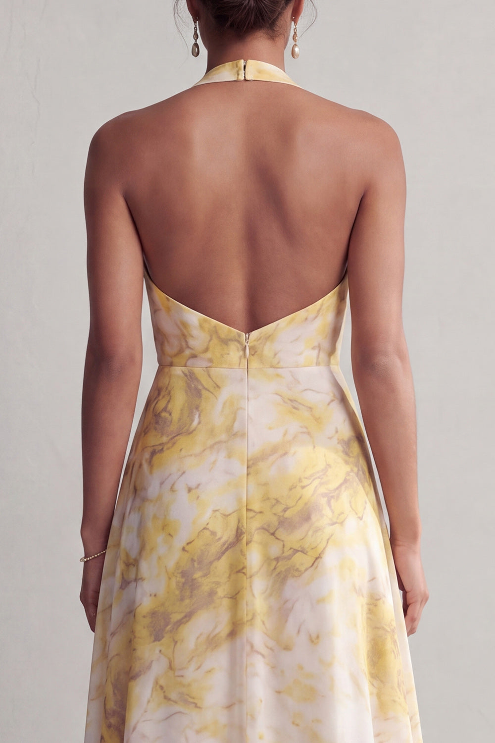 Robe longue jaune à imprimé floral, coupe trapèze avec fente, style licou, pour mère de la mariée